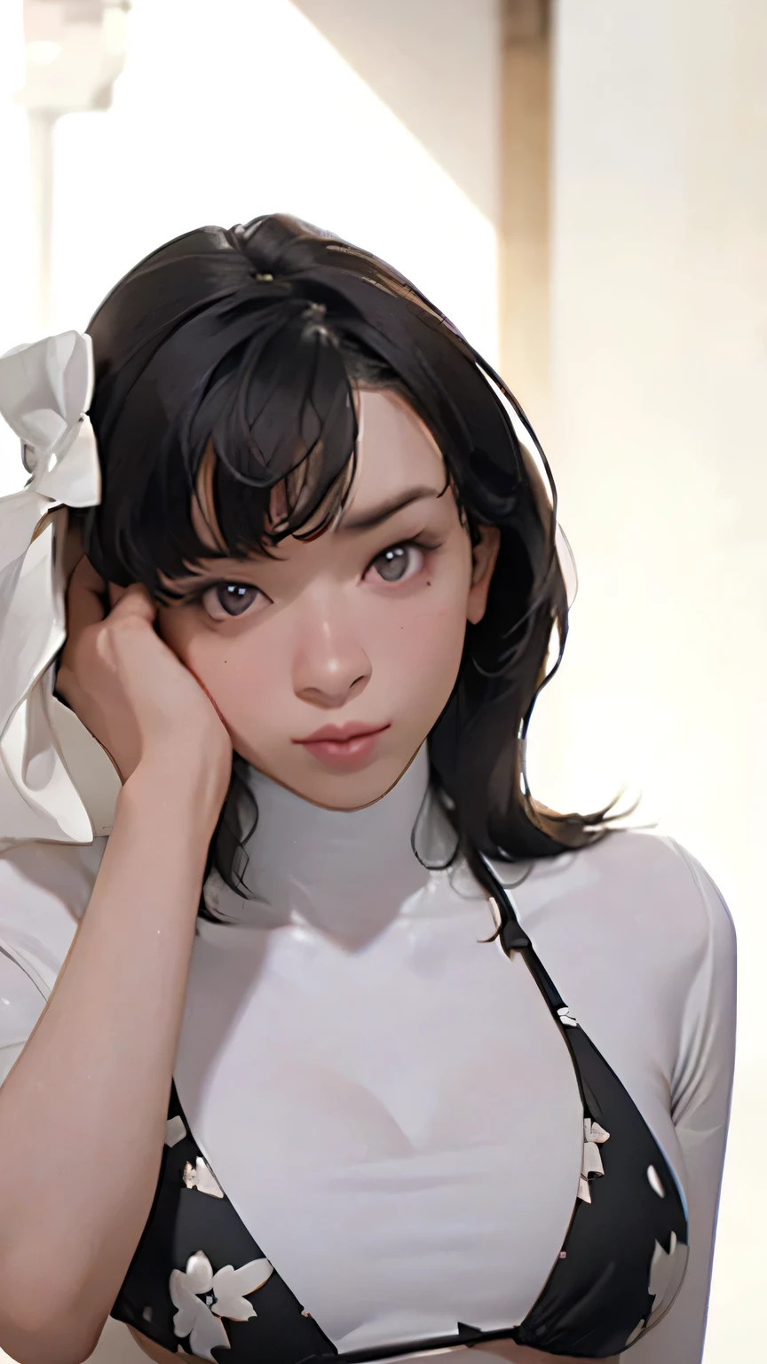 1 Girl, medium boobs, Starry Eyes, (8k, RAW Photos, High sensitivity, best quality, masterpiece, ultra high definition , Realism: 1.25), , ( Very detailed CG Unity 8K wallpaper , best quality, high definition : 1.2), (ultra_ Details, 超 high definition : 1.2), perfect lighting, personal , ( 1 Girl: 1.4), ( cute girl: 1.2), Unreal Engine , side lights, Gray Hair, purple eyes, perfect face, Detailed face, perfect body, beautiful eyes , Facial beauty, (Light Skin: 1.4), Idol, ( upper body shot;1.5), ((Woman in a bikini with a black pattern on white fabric ;1.7)), transparent,