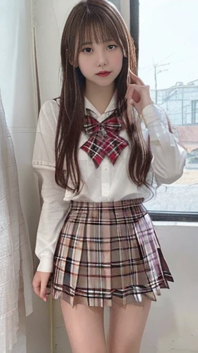 An 18-year-old high school girl wearing a super miniskirt with a red plaid pattern and a white dress shirt..（black hair）