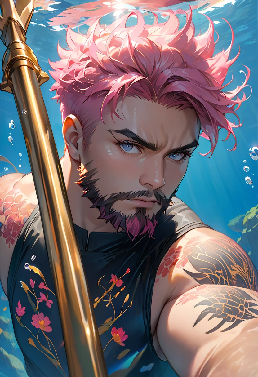 Strong man, short pink hair, short beard, he has orange eyes, is under water, Has tattoos in all shades of black, It has a golden trident, Realistic drawing style, focus on the face