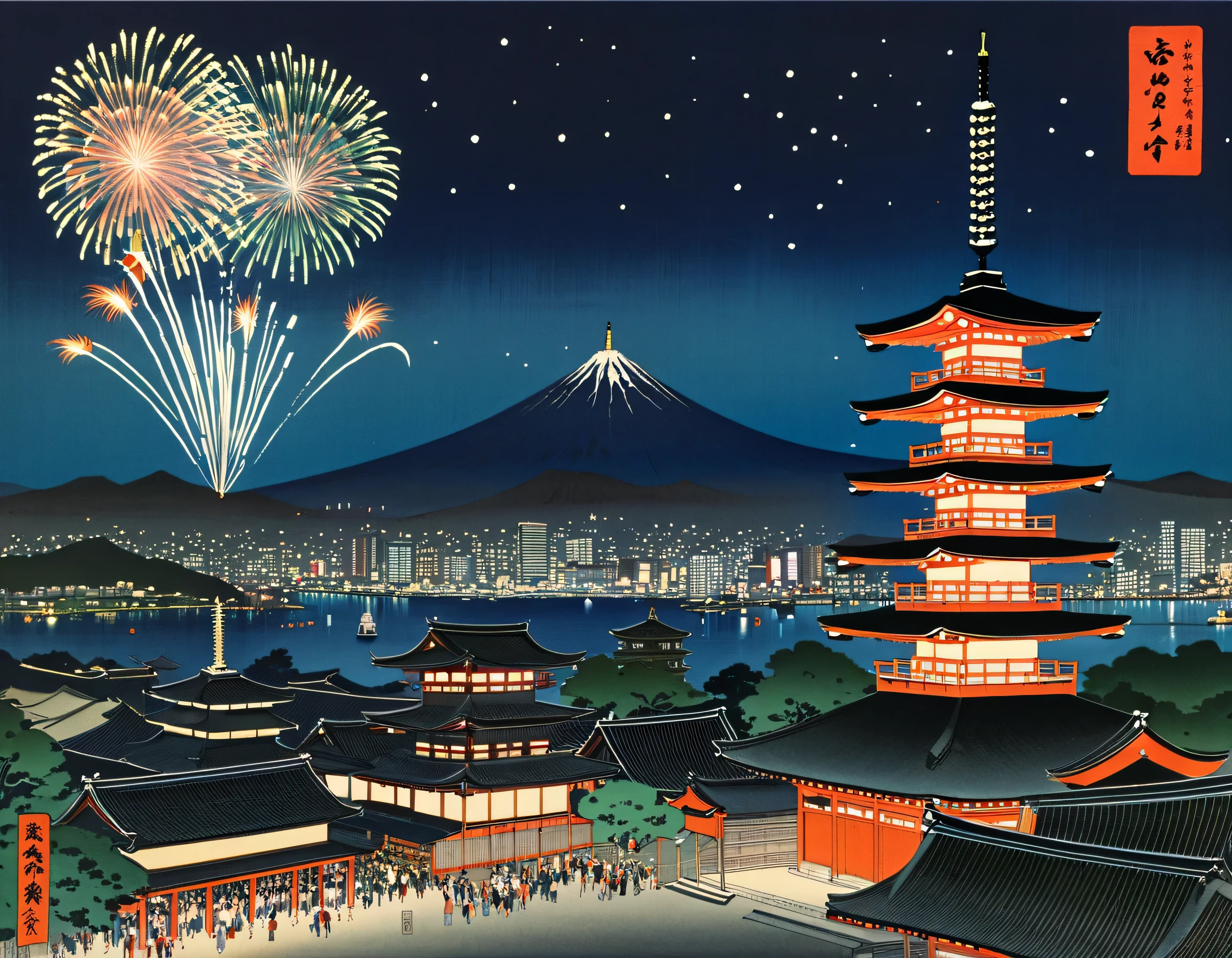 fireworks are lit up in the sky above a building and a pagoda, Paintings by Kano Tan&#39;yū,  Shutterstock , ukiyo-e, Japan at Night, [ fireworks in the sky ]!!,  Japanese cities  at night,  Japanese cities , fireworks in the background, fireworks,   Japanese temples ,  happy!!!,   ancient Japanese architecture  , firework
