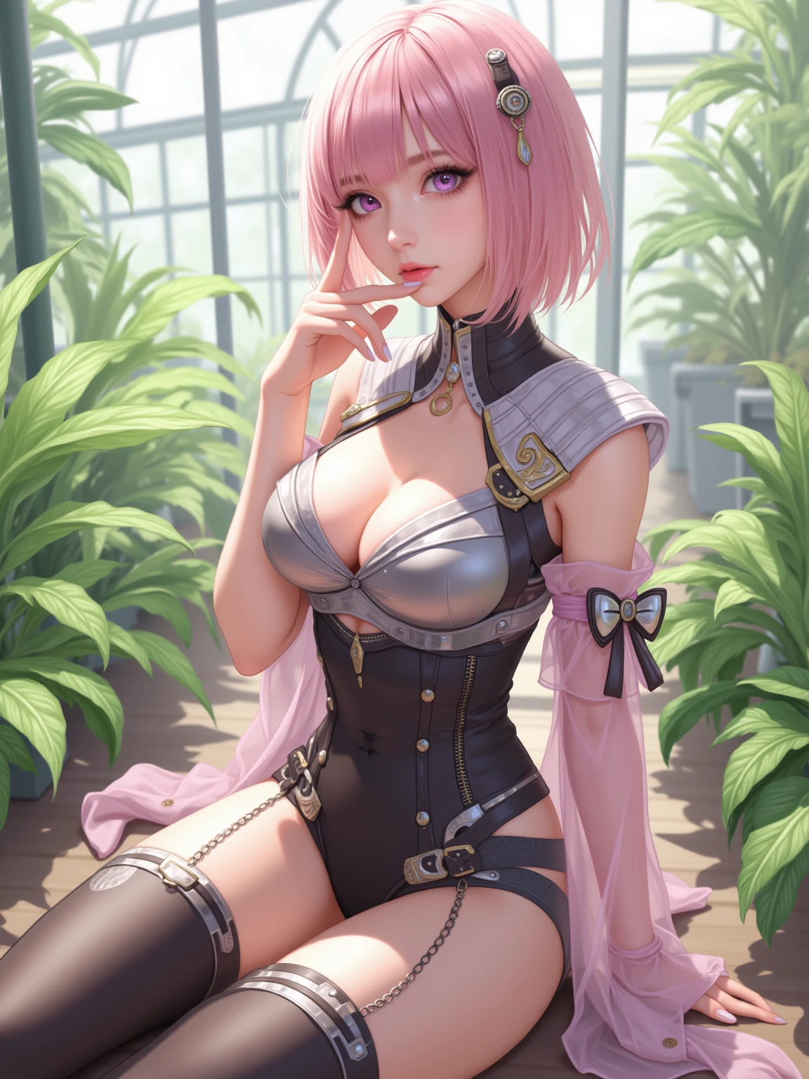 1 female, front view, pink hair, full body, feisty look realistic lips, neon blue techno spandex, small waist, wide hips, , exposed cleavage, fighting pose, pink tactical belt, standing in front of a mecha, hourglass figure, annoyed, in a jungle, short hair, best quality