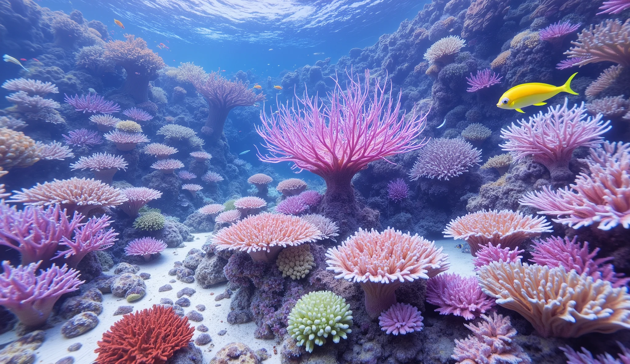 (In the water), Undersea heaven ,((A huge table coral with lots of fluorescent green branches in the center stands tall)),(( coral reefs with dense hard corals and soft corals )),Realistic Expression , shot with a fisheye lens  ,(( Multiple Fluorescent Green Corals )), (( are filled with 10,000 natural coral groups with lots of extremely colorful colors)), (Lots of butterfish are swimming ),(( lots of green and blue soft corals that emit fluorescent colors )), crystal clear water, , strong sunshine ,Vast coral reefs ,Detailed seaweed ,( lots of colorful tropical fish), large blue tropical fish , myriad cobalt sparrows , seahorses, lots of psychedelic starfish on the seabed , life,  lively colors, Serene atmosphere, Quiet, Swaying seaweed ,  array of vibrant colors ) , ( best quality , high resolution:1.2), (In the water photography), ( lively), (  soft diffused lighting  ), Orchestra of Highly Coloured Corals, Vast Seas ,Coral Reef,