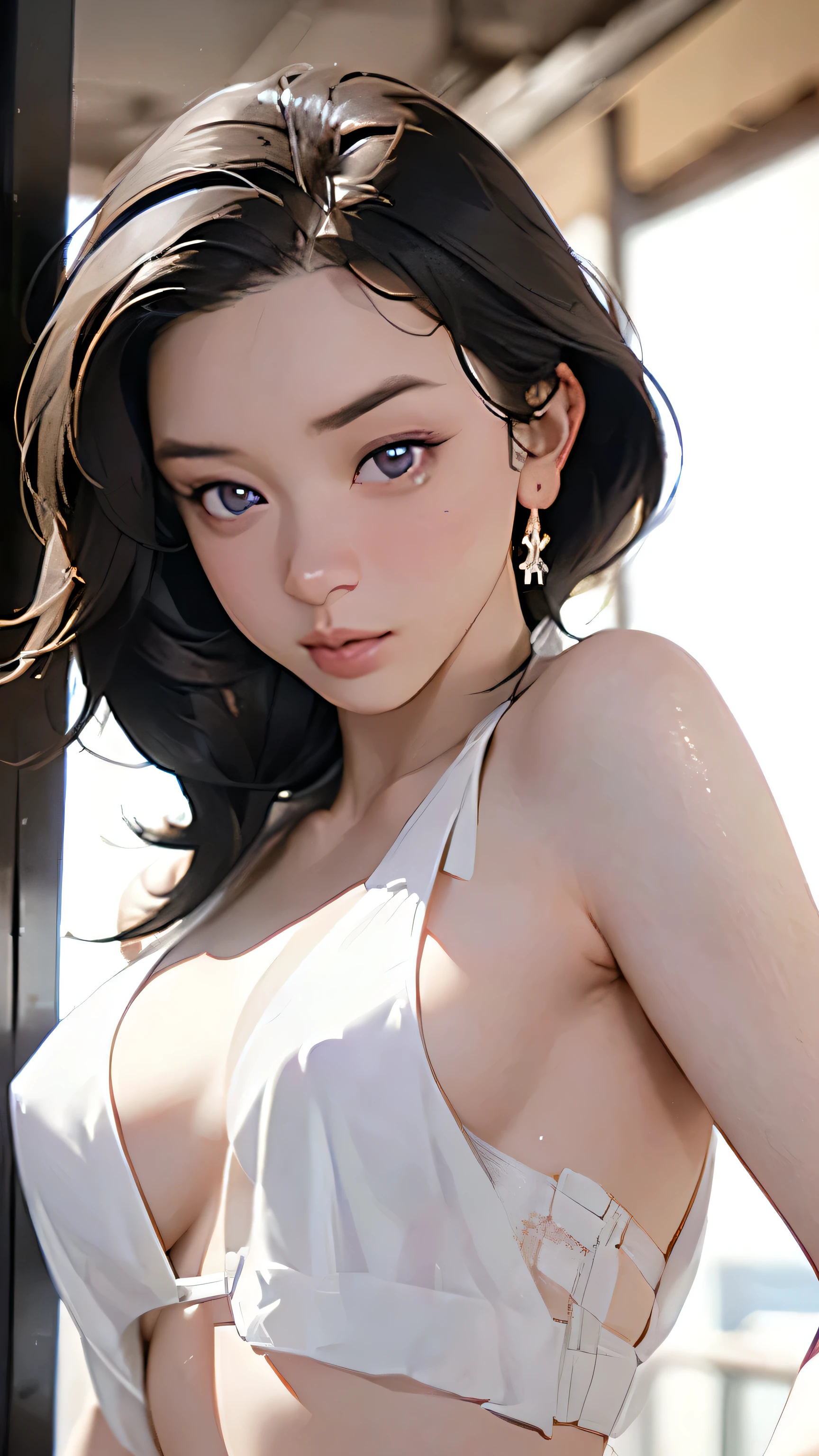 1 girl, Medium Boobs , Starry Eyes, (8k, RAW photo, High sensitivity, best quality , Masterpiece, Ultra high definition , realism: 1.25), , ( 非常に DetailsなCG、 Unity 8k Wallpaper , best quality , high definition : 1.2), (Ultra_ Details, 超 high definition : 1.2), Perfect Lighting , personal , ( 1 girl: 1.4), ( cute girl: 1.2), unreal engine , side of the studio lights , gray hair, purple eyes, PERFECT FACE IN DETAILS, Detailsな顔, perfect body, beautiful eyes , facial beauty, ( white skin due to magic: 1.4), Idol, ( Upper Body Shots ;1.5), (( woman in white bikini ;1.7)), Transparent ,