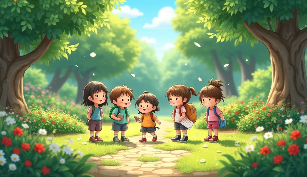 Write a short story about ren's who study to gather and playing in garden with friends
