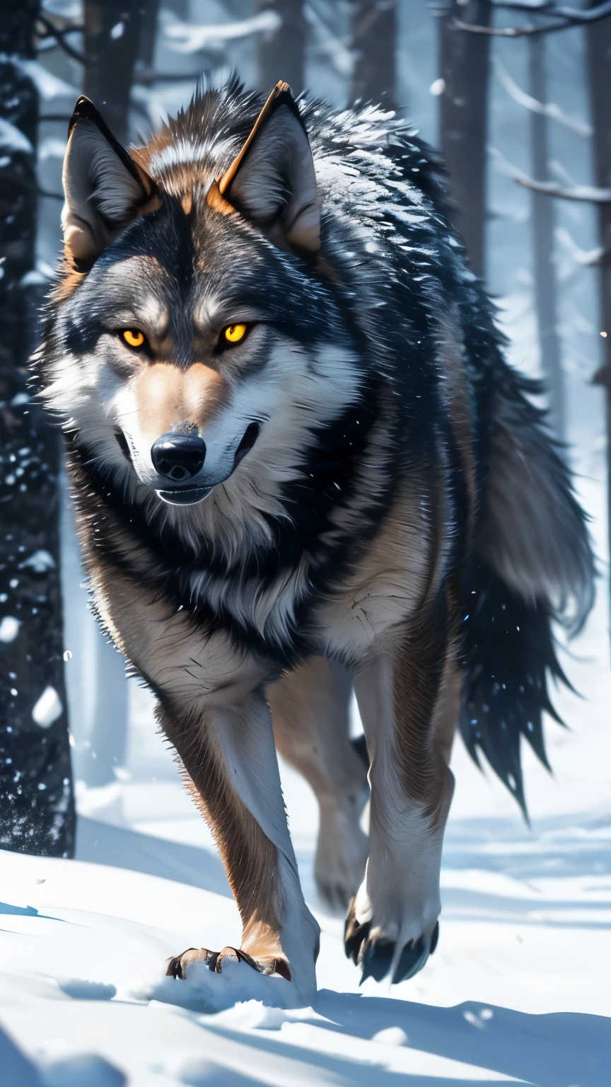 A wolf-human hybrid sprinting through a snowy forest, wearing a fur-lined cloak, with glowing eyes and claws extended. Snowflakes scatter as the hybrid roars.