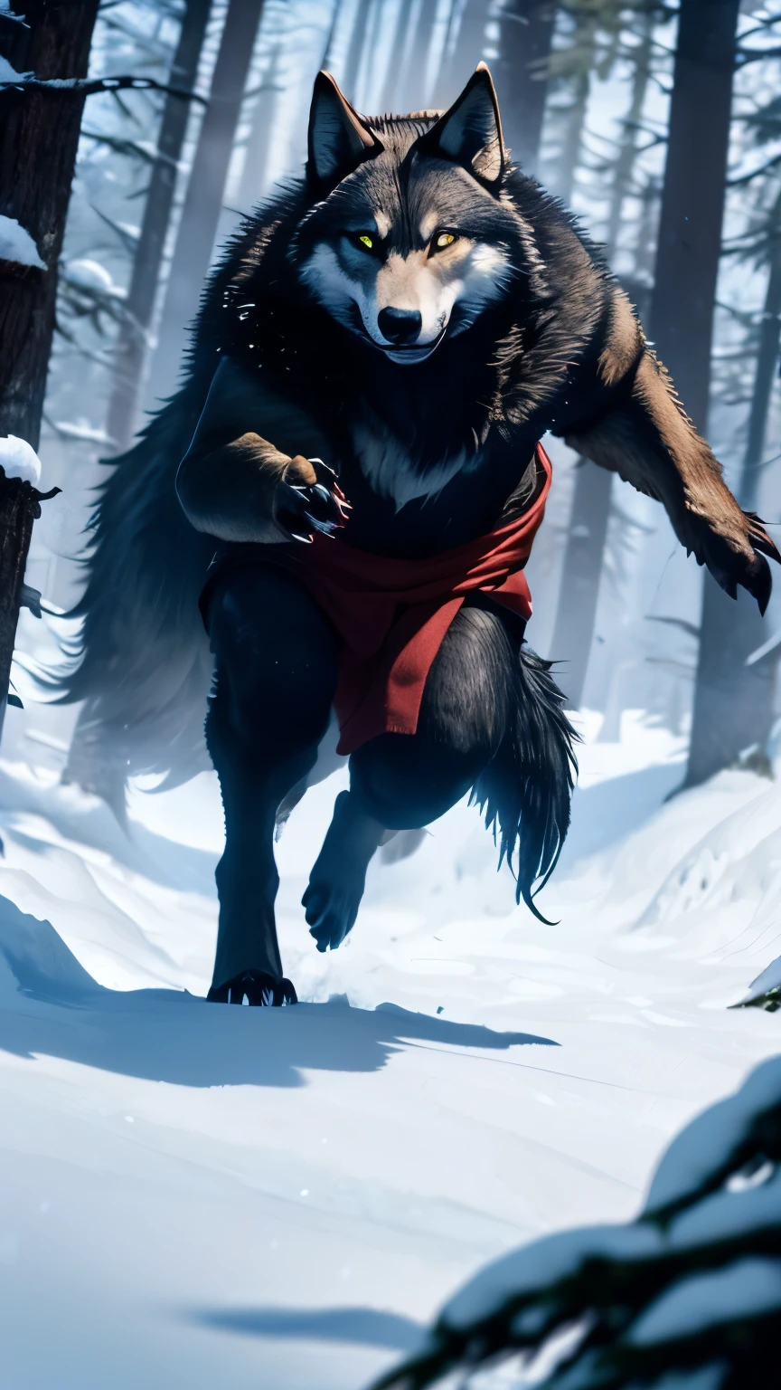 A wolf-human hybrid sprinting through a snowy forest, wearing a fur-lined cloak, with glowing eyes and claws extended. Snowflakes scatter as the hybrid roars.