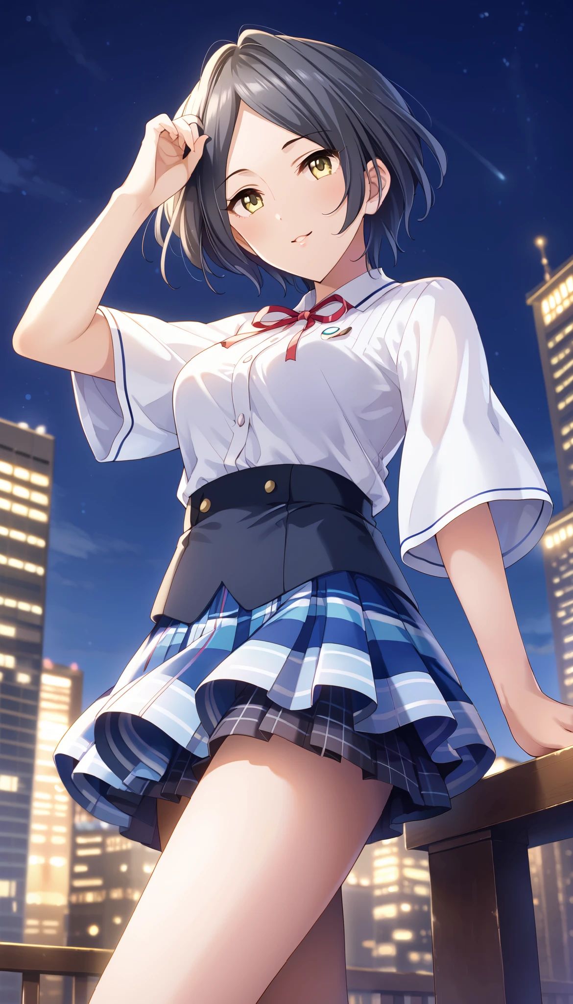 (((Hayami kanade)))、((( black breeches skirt)))、(( white shirt))、(((( low angle)))、((( cleavage in years)))、( short hair )、( indoor)、( thighs)、 black hair、 Ulchan-6500-v1.1, ( RAW photos :1.2),  beautiful detailed,  very detailed on trendsな目 美しい目, beautiful eyes、 yellow eyes、  Large File Size,  high resolution,  very detailed on trends,  best quality , [masterpiece:1.6], Awareness-raising,  very detailed on trends, CG, finely,  best quality , 8K wallpaper,  Completate、 excitement 、 very detailed on trends、blush、Bare legs