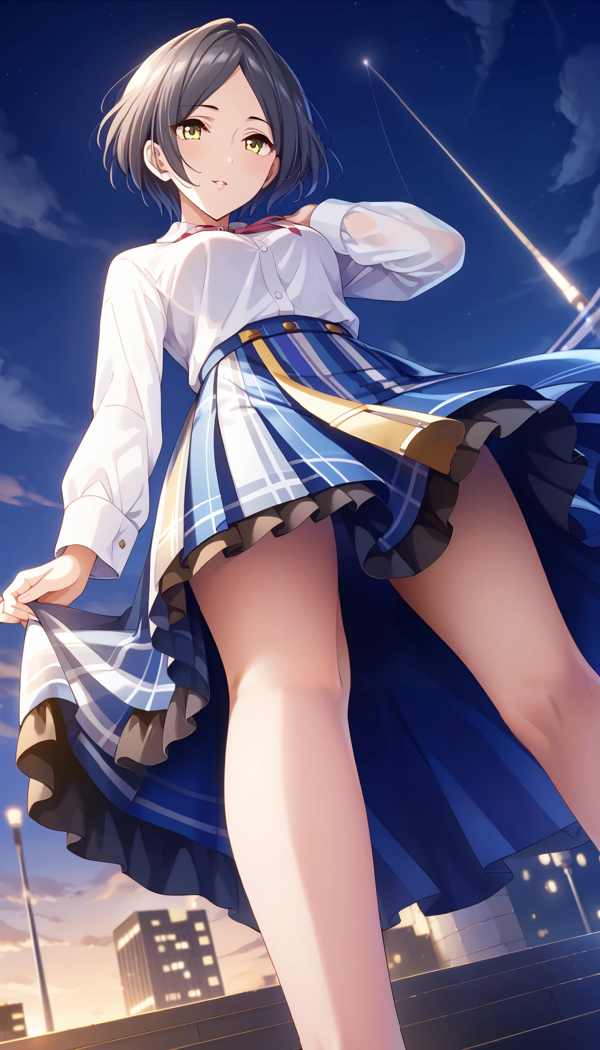 (((Hayami kanade)))、((( black breeches skirt)))、(( white shirt))、(((( low angle)))、((( cleavage in years)))、( short hair )、( indoor)、( thighs)、 black hair、 Ulchan-6500-v1.1, ( RAW photos :1.2),  beautiful detailed,  very detailed on trendsな目 美しい目, beautiful eyes、 yellow eyes、  Large File Size,  high resolution,  very detailed on trends,  best quality , [masterpiece:1.6], Awareness-raising,  very detailed on trends, CG, finely,  best quality , 8K wallpaper,  Completate、 excitement 、 very detailed on trends、blush、Bare legs
