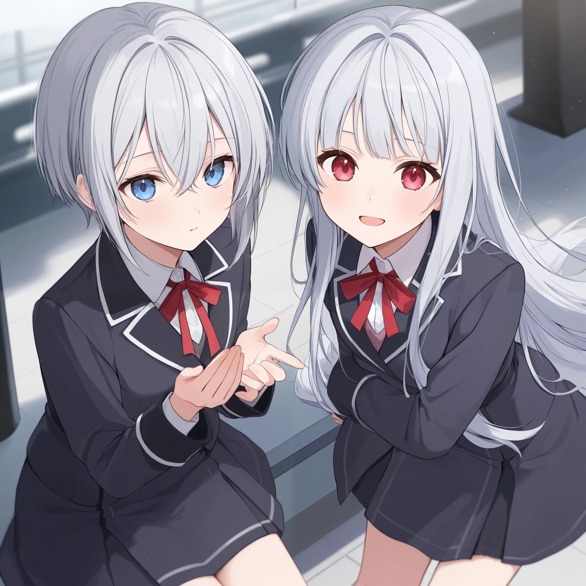 Twin girls with silver hair, each with short hair and long hair