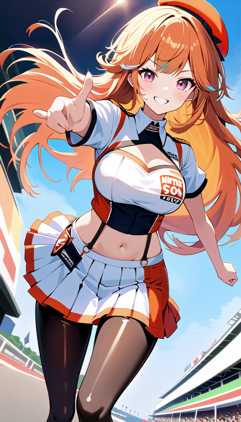 Ultra high resolution ,  1 girl, 18 years old, (Idol:1.4), (Famous actress :1.4), (Beautifully detailed face:1), bangs, (Multicolored floating hair), Dentate-like skin changes,  light makeup, ( Medium Bust :1.3), ( growing skin:1.1),  shiny skin ,  long limbs,  slim,  thin waist ,  Medium Hips , Thin legs,  slim太もも,  dynamic lighting  , Sexually provocative face,  Shiny Texture ,  lipstick ,  before going to V-shaped eyebrows, V-line chin, View your viewers, ( long hair:1.3), ( PERFECT FACE IN DETAILS:1.4), ((Strong winds)),  flowing hair , audience, ( has a smiling face:1.3),  blue sky, (((Suzuka Circuit ))), ((( racing cars on racing))), (((Racing Bike))), ((Promotion Girl:1.3)), ((Grid Girls:1)),  pink lips,  light makeup, (Promotional Costume, Carefully crafted down to the last detail,:1.10),  Lace-up Boots , Short sleeve,  Cropped Top , (((promotional logo beret :1.3))), (((Wearing a short jacket with a logo:1.3))), (( knee tights:1.3)), (((たくさんのロゴが入ったナイロンShort sleeveジャケット))), ( glitter long nylon pleated skirt with logo ),  small butt, ((promotional clothing with logo :1.3)), ((( shiny orange and metallic white glitter promotional clothing))), Fingerless gloves, (Drops of sweat:1), (Movement angle),  walking , audience,