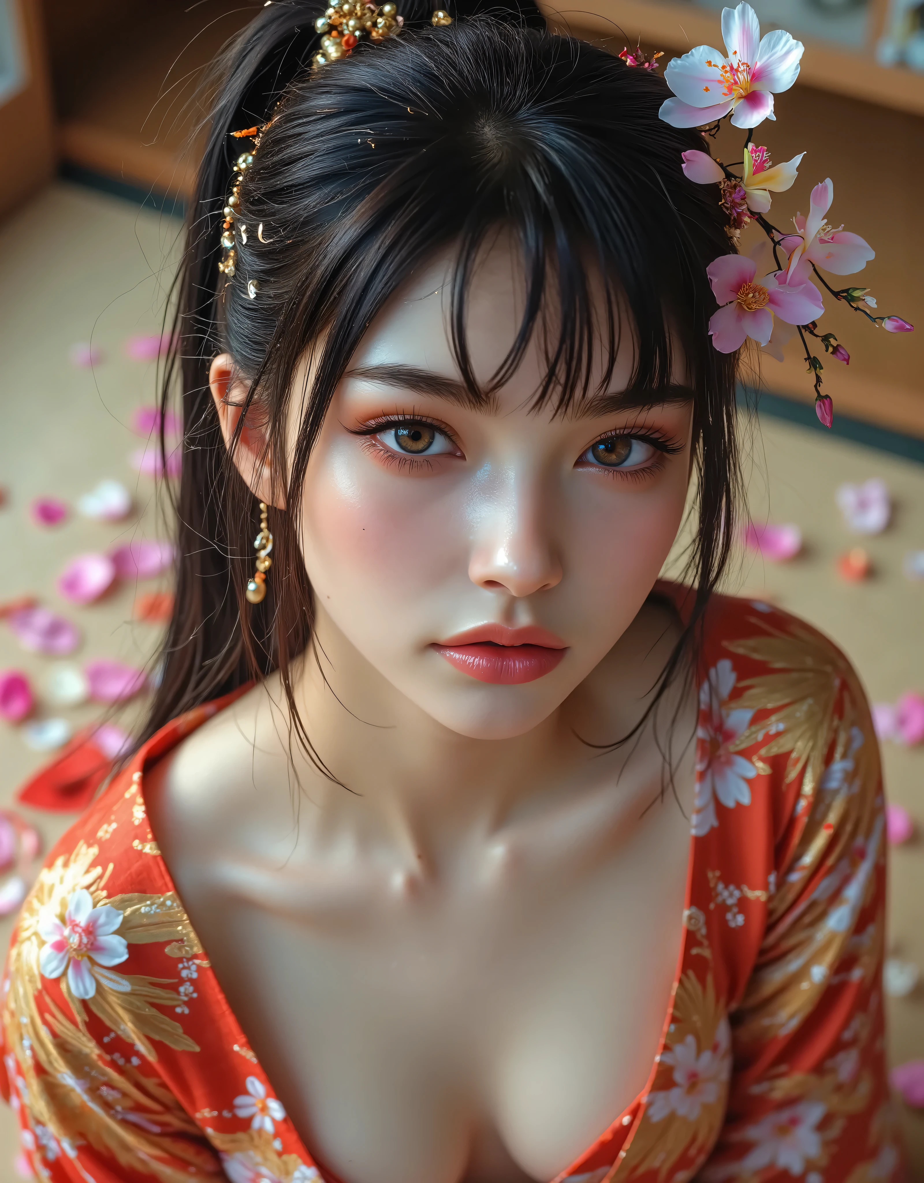(Canon), (EOS R5), (50mm), (( photo realistic :1.5)), (No lens flare :1.5), (超 high resolution), (masterpiece), accurate, ( realistic な質感の肌), more details, high detail, High Quality , Award-winning work , 最 High Quality , 32K, is written in depth, digital camera, Award-winning glamour photo , professional writing, ((最 High Quality :1.5)), ((masterpiece:1.5)), (( realistic )), high resolution, (とても美しくて可愛い1 personの日本人女性), ((Aerial view from above :1.5)), (( upper body shot from head to knee :1.5)), ( full body shot:1.4), ((A half-naked Japanese woman wearing a Japanese kimono)), ((Lying on your back on a beautiful tatami mat in a Japanese-style room :1.5)), ((Lying on your back :1.5)), ((( wearing only Japanese kimonos , no underwear, semi-nude:1.5))), ((( The cleavage between your shoulders and bust looks big :1.8))), (1 person), ((Beautiful and cute, 18 year old Japanese)), (( very cute high school girl with a good shape )), ( beautiful black hair ponytail), Very beautiful and sexy, Fascinating Beauty , seductive pose , Height: 160cm, slim figure, Beautifully shaped bust , D Cup, (A very cute, cheerful smile:1.5), (alone:1.5), ( brown eyes:1.9), ( Detailed depiction of extremely realistic skin ), (Highly detailed, realistic eyes:1.9), (Very beautiful, Long, realistic eyelashes), (Highly detailed, realistic eyebrows), (丸い brown eyes :1.8), ( beautiful catchlight on the eyes), (Realistic lips with moisture ), ( white realistic teeth arranged neatly), ( Beautiful and Detailed Face :1.6), (Hourglass body shape:1.6), (Wasp waist :1.5), ( Perfectly round and beautifully shaped bust :1.8), ( clearly contoured cheekbones :1.5), ( perfect style body :1.8), (Healthy body :1.8), (Narrow shoulders:1.9), ( staring at viewers ), ( seductive gaze ), (Beautiful, natural-looking hands), (Beautiful pink nails of perfect length), ( very cute smile:1.1), (Waist, I can see my stomach:1.4), Intricate and detailed, colorful depiction , ((A beautiful and pretty red Japanese kimono with an orchid-like floral pattern:1.5)), (( The kimono is large and the shoulders and chest are quite exposed :1.3)), (( off shoulder:1.5)), (Beautiful Japanese kimonos), (Kimono with a flower pattern on red fabric, woman 1 person, Open back, full body photo, Flower Hairpin, (Ikebana can be seen behind it ), extremely sexy sensual body , , like々 Sensual elegance, Sexy Body , Sexy appearance, Lying on the tatami mat in a Japanese-style room, The groin and thighs are exposed , shot taken from directly above, (Beautiful pink, yellow and white flower petals are scattered on the tatami mat), Japanese style hairpin, Japanese Style Hair Ornament, A gentle-looking face, thin waist , ( Beautiful cleavage of the bust can be seen quite a bit ), blur background, Illuminate the face, dynamic pose, thighs, Beautiful Legs , beautiful body line, white skin, Art Photography, beautiful soft lighting ,