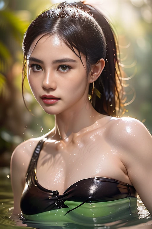 Kimono beauty, body portrait, 8K, thin and beautiful eyes, Dindal effect, masterpiece, top quality, high quality, high resolution, very detailed photo, (natural skin texture, fine skin, hyperrealism, super sharpness) , high detail skin, (very fine, fine skin texture, intricate details, beautiful face, (realistic face), realistic eyes, beautifully detailed eyes, ponytail, realistic skin, beautiful skin, surreal, Highly detailed, golden ratio, smiling eyes, ((night moonlight background) ), body portrait, oily skin, shiny skin, shiny skin with oil, big breasts, huge breasts, big breasts, erotic body, glamorous, pilot suit , cleavage, all wet