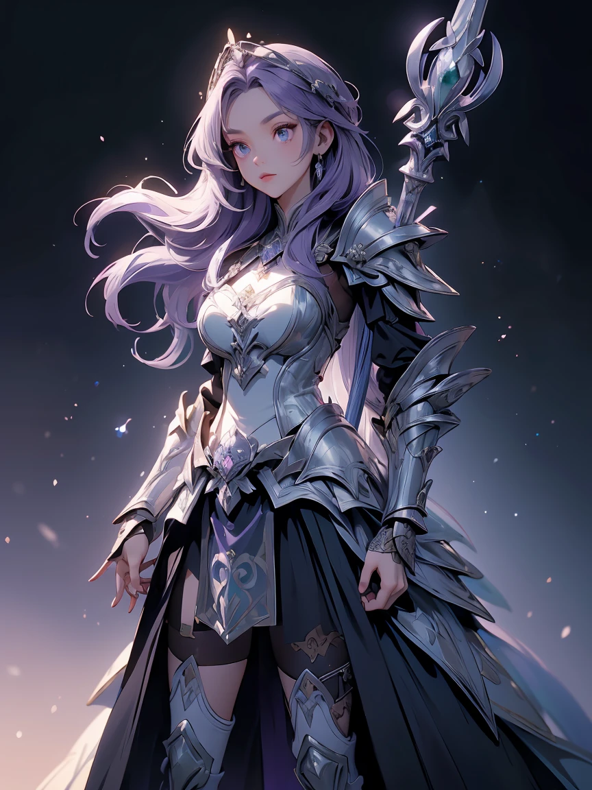 (((Masterpiece, best quality, 16k))) female character with medium-length purple hair and silver eyes. She wears a mystical armor in emerald, black, and gold. wields a magical wand with runes. The character has a mysterious expression, with an enchanted forest as the background. ((full body front view)). ((slender)), (extremely detailed:1.5), (medium-length purple hair:1.2), (silver eyes:1.2), (enchanted forest:1.1), (mystical armor:1.3), (magical wand:1.3).