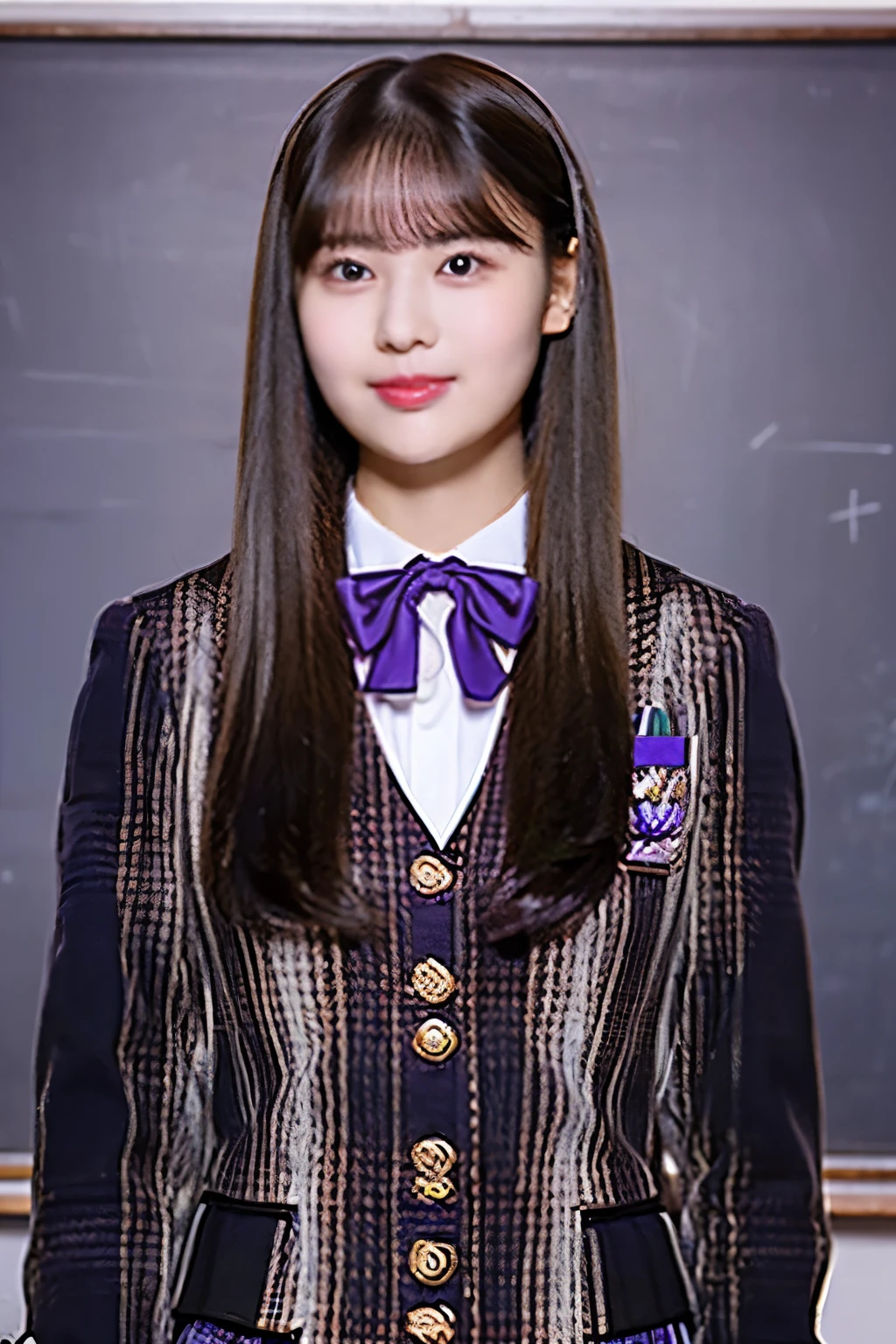 black hair、With bangs、 straight hair、Beautiful breasts、 slim body、 purple bow tie 、WhiteShirt inside a purple blazer jacket 、 plaid pleated mini skirt 、 standing in front of a blackboard、 in the classroom