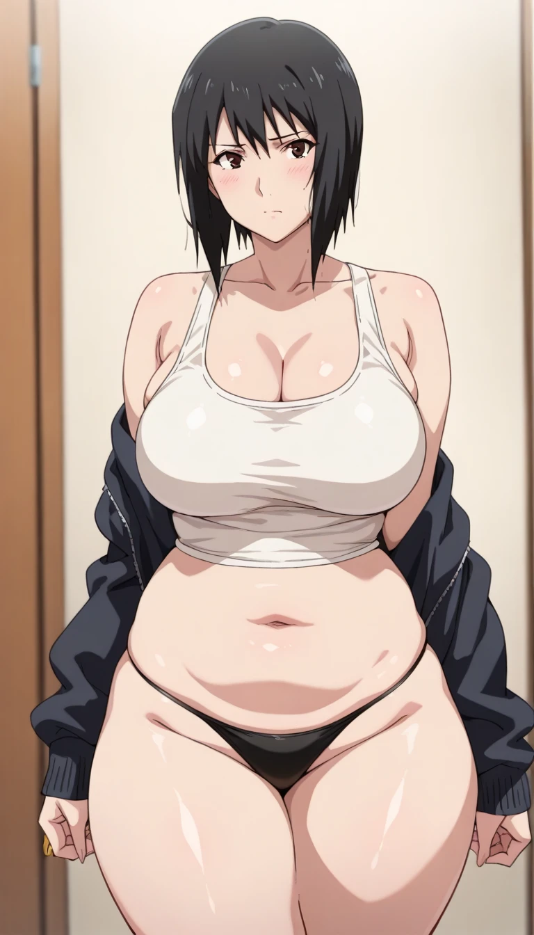 1girl in, Mikasa Ackerman, Black hair, Hair between the eyes, Short hair, Gray eyes, (obesity:1.3), ((fat folds)), ((puffy arms)), (fat rolls, huge belly), Gentle lips, Undersized breasts, masutepiece, Best Quality, Lying on bed, ((Black Tank Top, White panties)), 