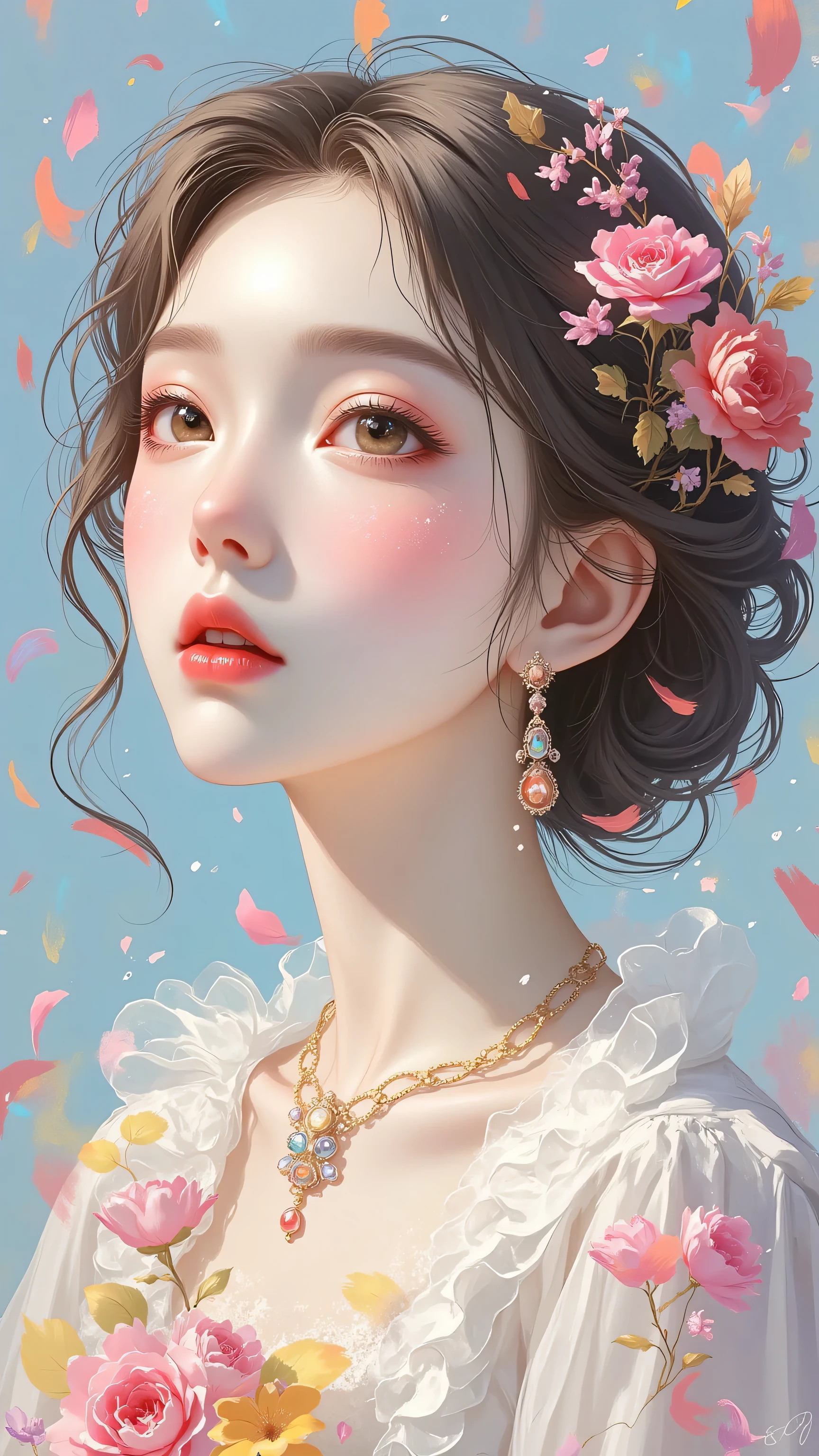 Expressionist artwork image of a single floating ceramic head, face, korean woman, colorful, color splash, neon colors, make it weird and gallery worthy
