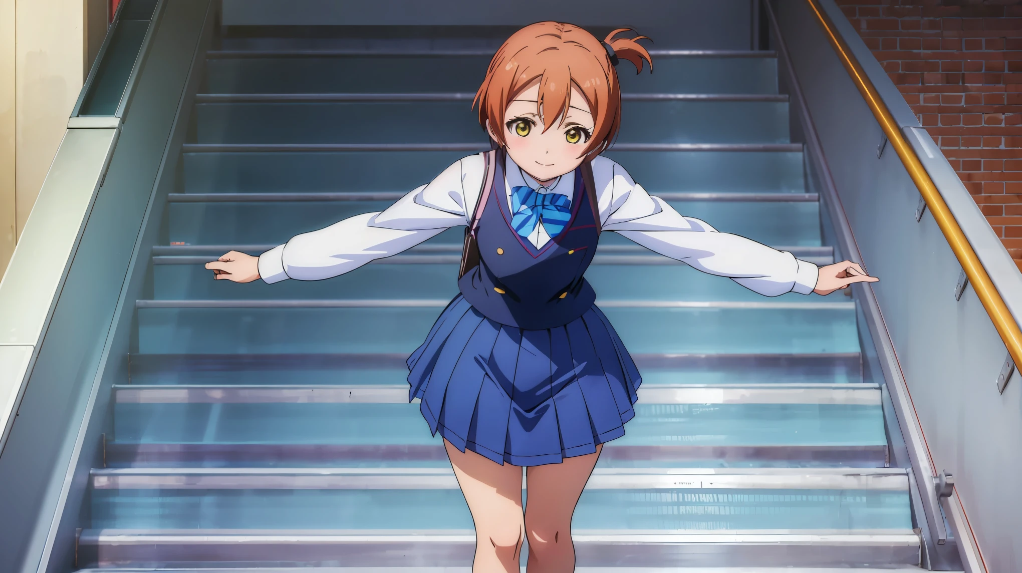((( pixel perfect , detail perfect))), Alone, 1 girl, Hoshizora Rin , school uniform, stares at viewers, smile, anime girl riding an escalator, Little Curvy Girl , ,Ultra-realistic high school girl,、underwear , low angle、 flat chest、 flat chest, full body view, low angle, back view