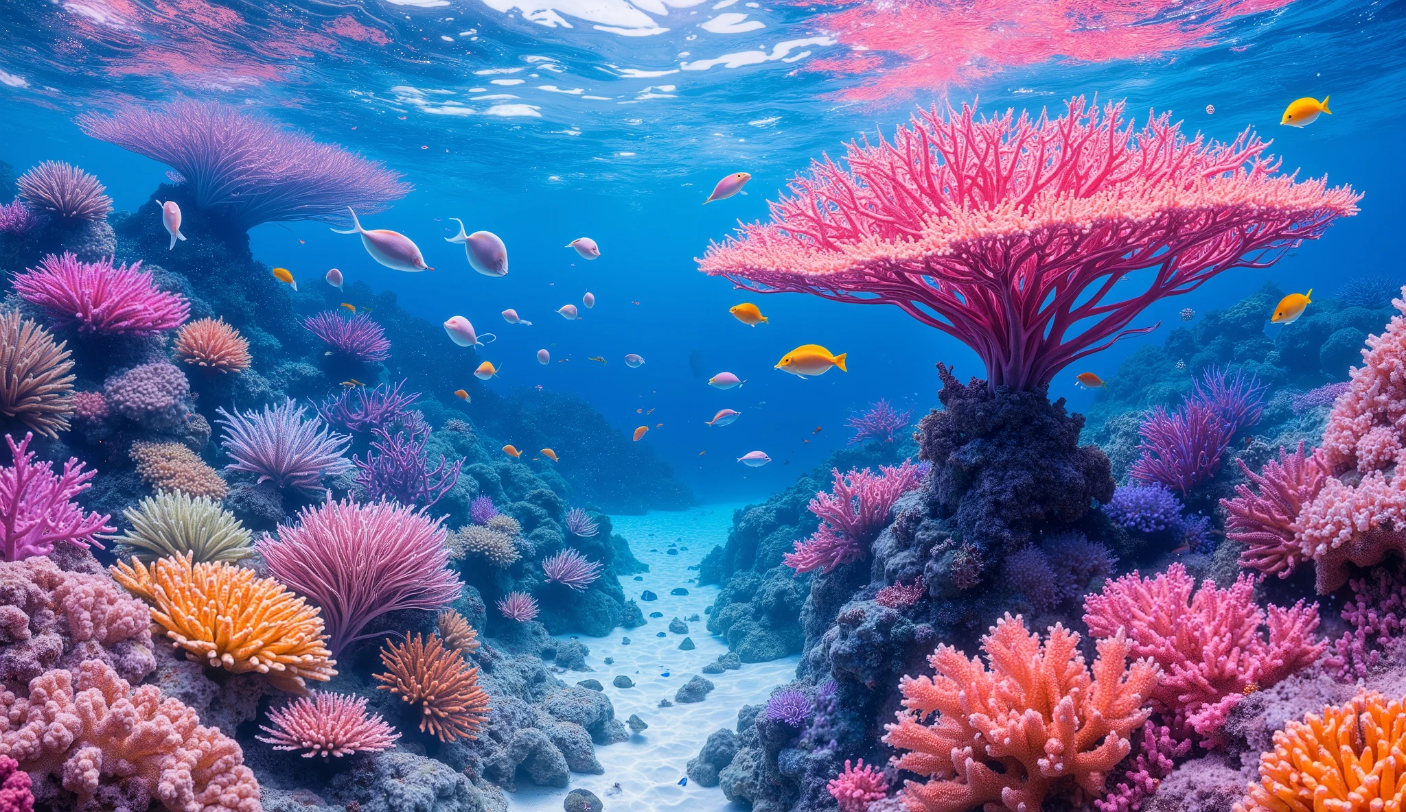 (In the water), Undersea heaven ,((Huge table corals with lots of fluorescent green branches stand in the center)),(( coral reefs with dense hard corals and soft corals )),Realistic Expression , shot with a fisheye lens ,(( Multiple Fluorescent Green Corals )), (( are filled with 10,000 natural coral groups with lots of extremely colorful colors)), (Lots of butterfish are swimming ),(( lots of green and blue soft corals that emit fluorescent colors )), crystal clear water, , strong sunshine ,Vast coral reefs ,Detailed seaweed ,( lots of colorful tropical fish), large blue tropical fish , myriad cobalt sparrows , seahorses, lots of psychedelic starfish on the seabed , life, lively colors, Serene atmosphere, Quiet, Swaying seaweed , array of vibrant colors ) , ( best quality , high resolution:1.2), (In the water photography), ( lively), ( soft diffused lighting ), Orchestra of Highly Coloured Corals, Vast Seas ,Coral Reef,