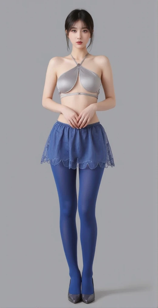 Chinese car model,goddess,Blue transparent lace lingerie,Navel exposed,earrings,Light,simple gray background,solid color background