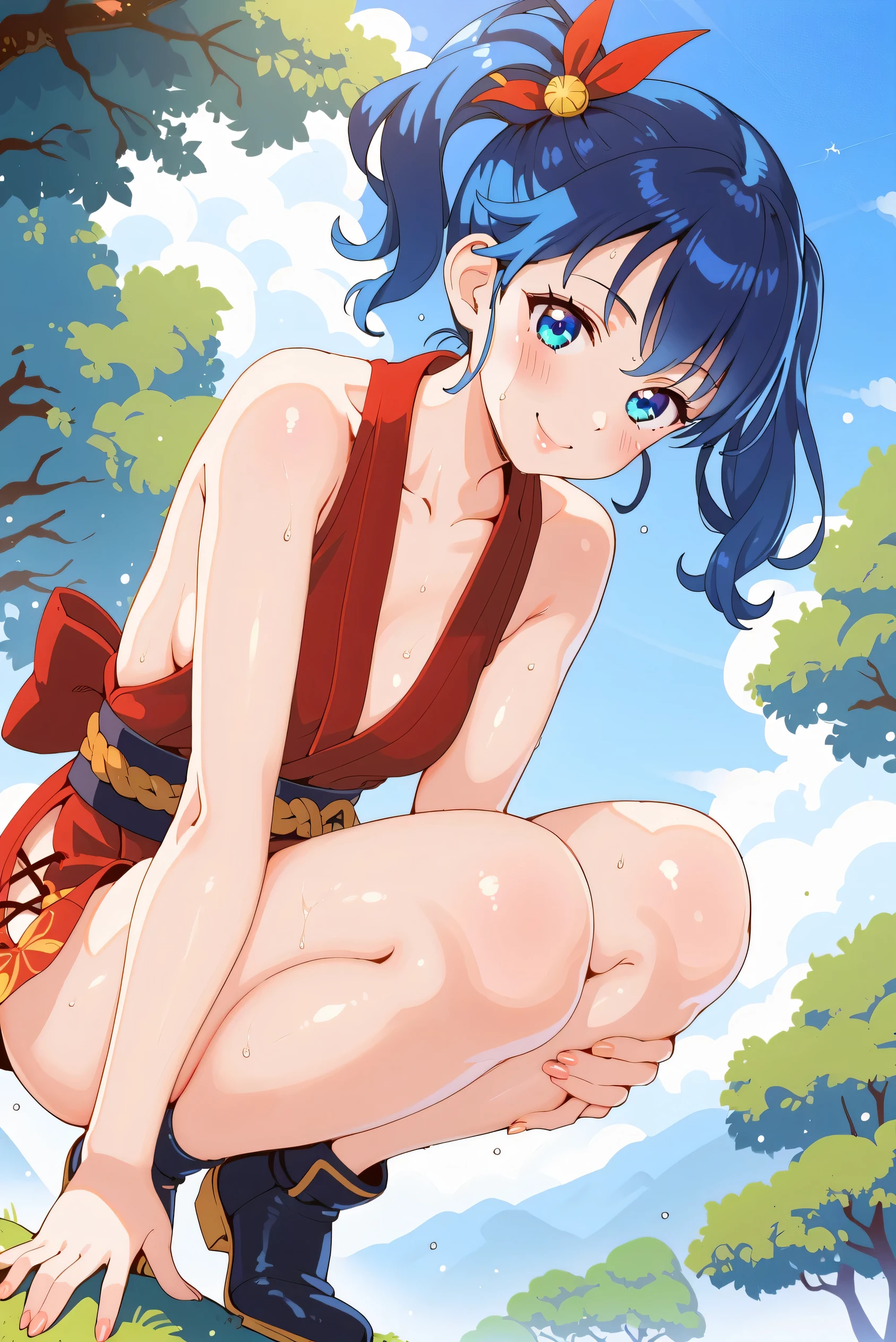 software,Aoi Kiriya, 1 girl, 18 yearS old, blue hair , blue eyes, Side ponytail, perfect handS, perfect fingerS, perfect anatomy, maSterpiece, Top quality, Genuine, SurGenuine, 16K HDR, white Skin, (No.)), Kunoichi, female ninja in quest)), outdoorS, blue Sky, Strong wind, from below, (Smile),S, Squatting, Spread legSS, Squatting on a branch, (Sweat: 1.2), ( lean forward), in the foreSt, JapaneSe Style, small,change