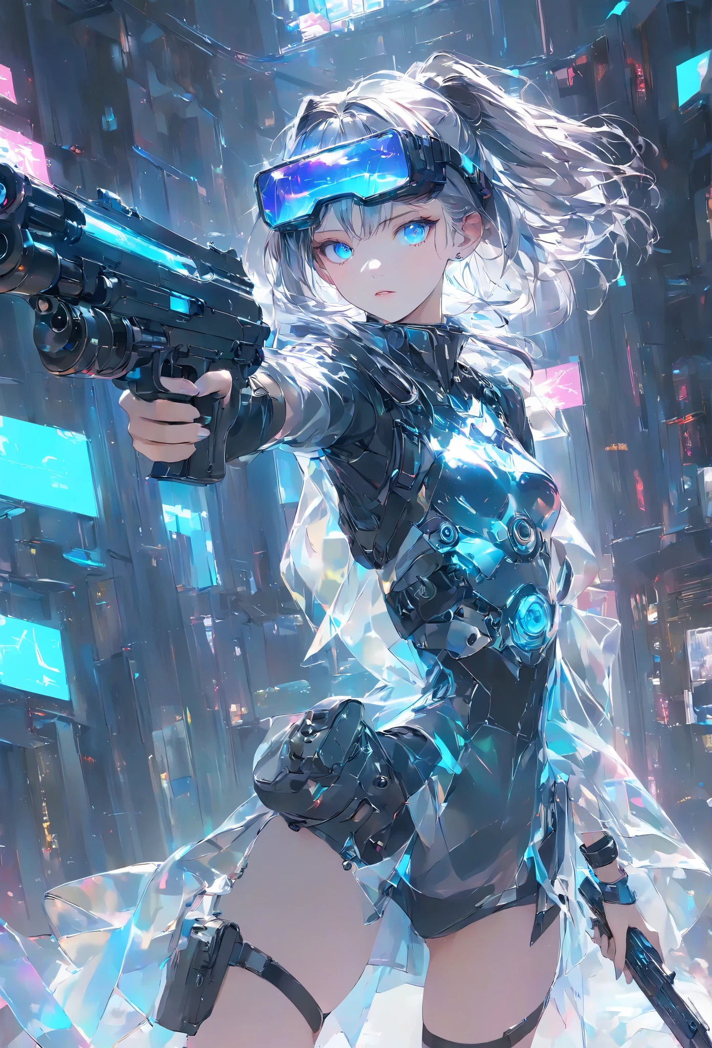Masterpiece, High Quality, High Definition , High Resolution, High Sensitivity, Depth, 16k, Makoto Shinkai Illustration, Ultra Fine, Hyper-reality, Digital Painting, Neon Color, Cyberpunk, Science Fiction, One Girl, Small Breasts, Beautiful Face, Nice Legs, Long Eyelashes, Fair Skin, Blue Eyes slit eyes, glowing blue eyes, short gray hair, mechanic suit, body armor, mechanical hair piece, head mounted display, antique firearm, lever action, gun held in front of her, anatomically accurate handle, muzzle pointing toward her (muzzle: 1.1) Cinematic Angle.