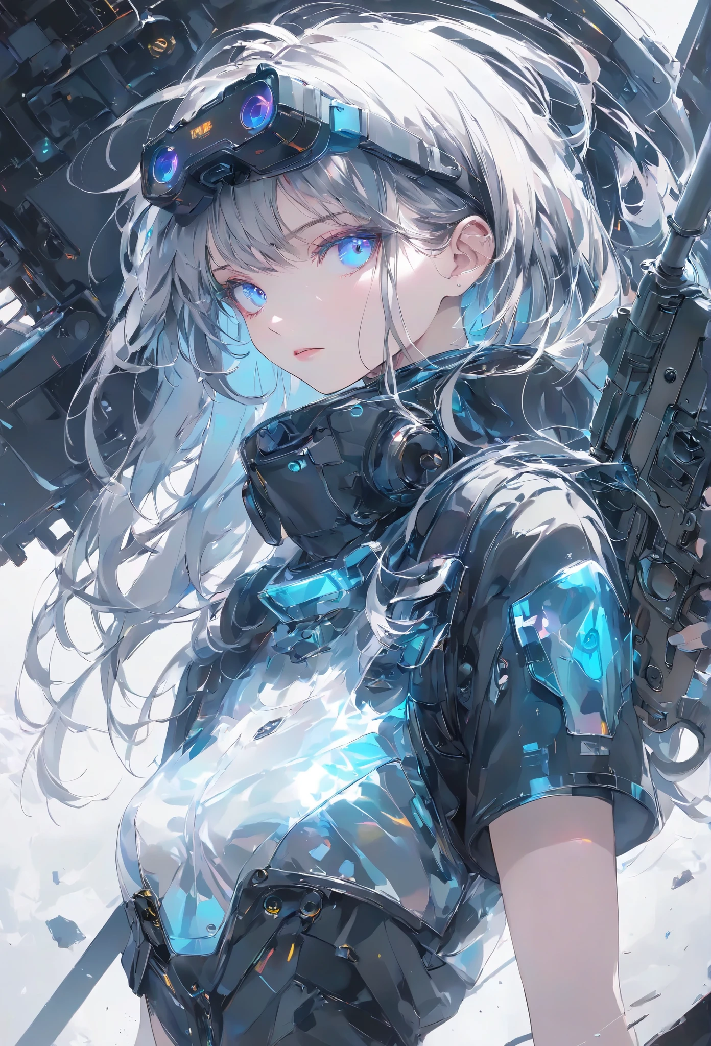 Masterpiece, High Quality, High Definition , High Resolution, High Sensitivity, Depth, 16k, Makoto Shinkai Illustration, Ultra Fine, Hyper-reality, Digital Painting, Neon Color, Cyberpunk, Science Fiction, One Girl, Small Breasts, Beautiful Face, Nice Legs, Long Eyelashes, Fair Skin, Blue Eyes slit eyes, glowing blue eyes, short gray hair, mechanic suit, body armor, mechanical hair piece, head mounted display, antique firearm, lever action, gun held in front of her, anatomically accurate handle, muzzle pointing toward her (muzzle: 1.1) Cinematic Angle.