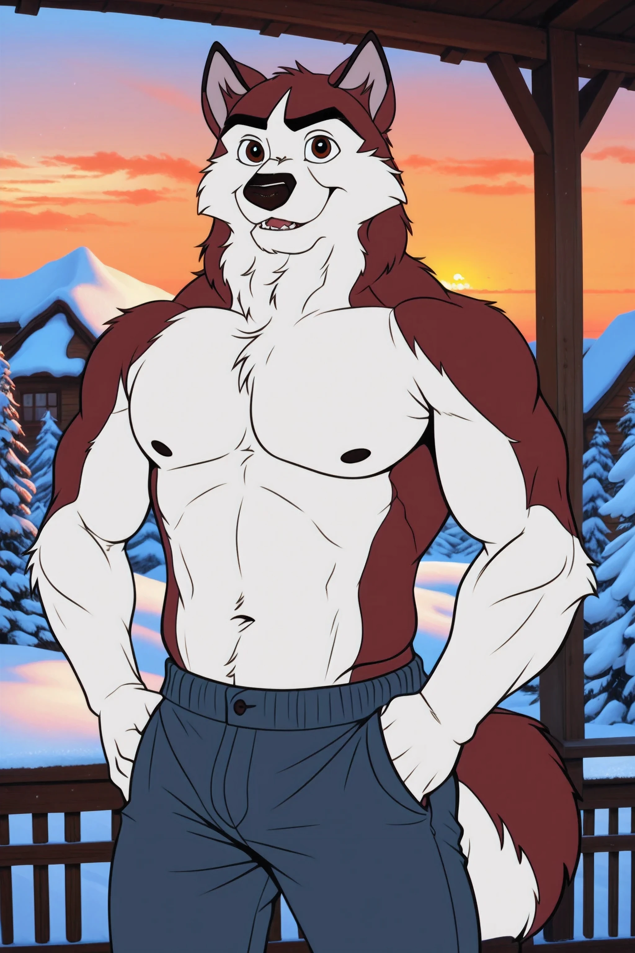 kodiak, husky, solo, detailed, detailed face, detailed eyes, anthro body, male, adult, muscular, cartoon shading, sunset sky, winter, porch, shirtless, wfa style, negger style, cartoony anatomy, above waist, looking at viewer, winter pants, flat color, hands in pockets