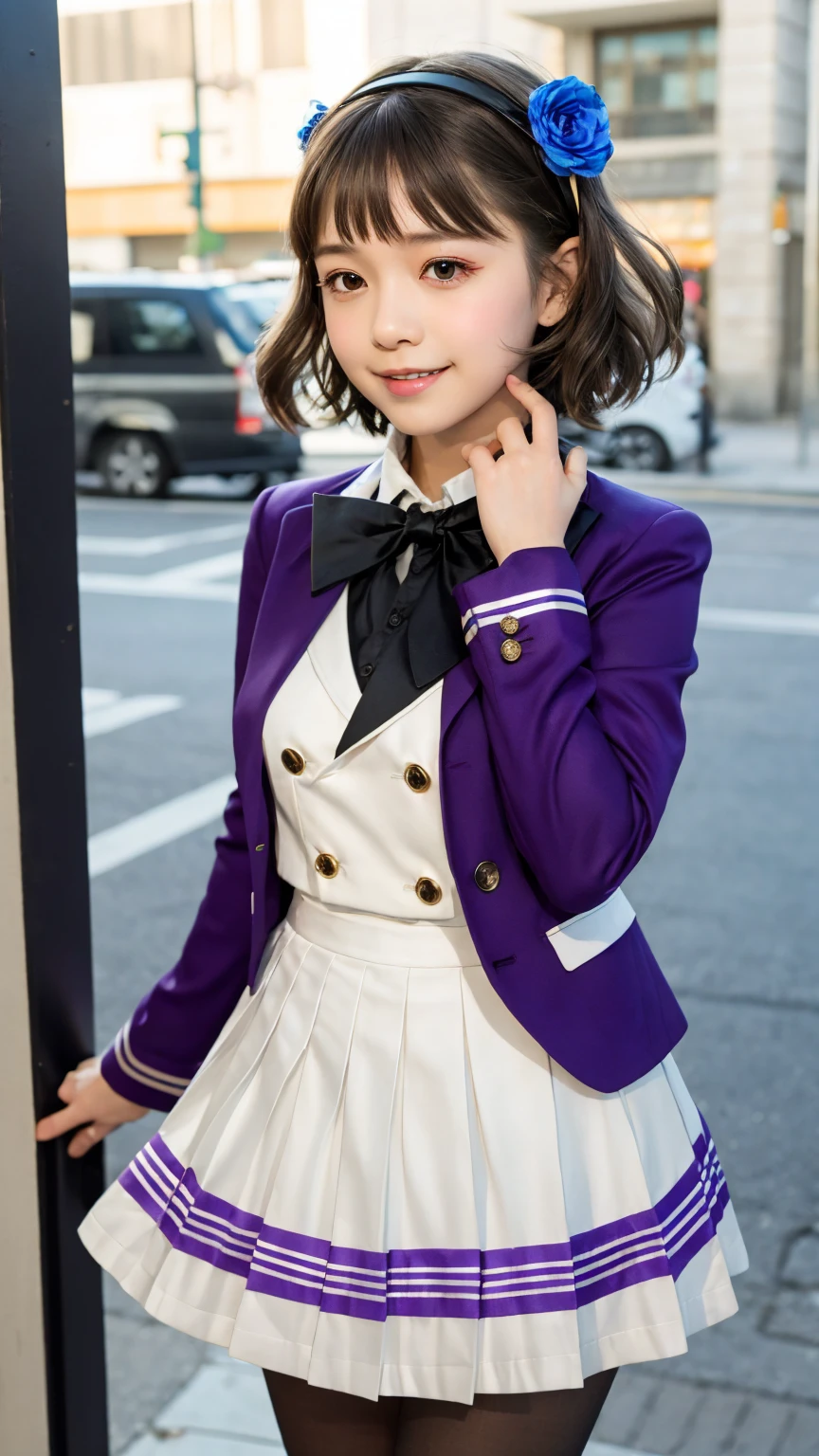 Masterpiece, one beautiful woman, detailed face, detailed eyes, detailed skin, top quality, Japanese, high school girl, idol, short cut, dark eyes, front lit with bright lights, professional lighting, looking straight ahead, short skirt, dark blue blazer jacket, feathers on jacket, gold accessories, smiling face, perfect and ultimate idol,