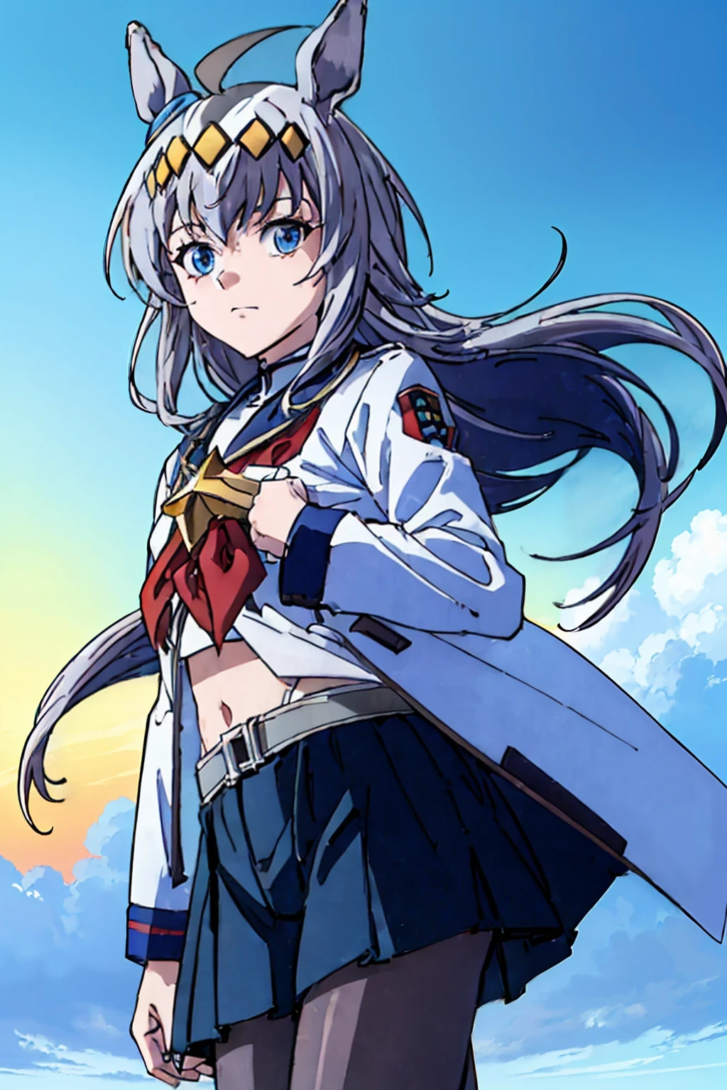 (masterpiece,highest quality,Super detailed,8k,High resolution,an extremely delicate and beautiful,Official Art,Perfect Anatomy:1.5),((1990s \(style\),90s Anime,90s Anime style,retro artstyle,Cel-shaded anime,anime screencap,anime coloring:1.25)),(solo :1.5), (yuuki nobuteru:1.7), (scale to fit the dimensions:1.2), (( \( Uma Musume\):1.52)), blue skirt, Long Sleeve, belt, pleated skirt, black pantyhose, red neckerchief, midriff, belly button, white shirt, jacket, blue sailor collar ,