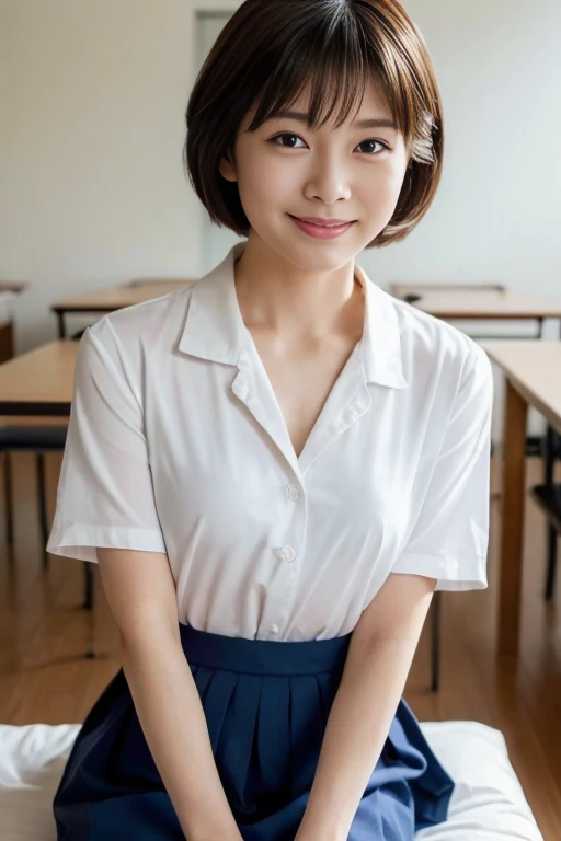 Top image quality、超A high resolution、masutepiece、Photoquality(photographrealistic:1.8)、Delicate skin texture、accuracy、Japan women、17 age、Girl Smile、A dark-haired、Cute dimples、Non-makeup、Hair to the nape、straight haired、Boyish girl、I am an honors student、Slender girl、Smaller chest、Flat-breasted、laugh face、Have a good laugh、Look straight at me、hi-school girl、White short sleeve blouse、White shirt with collar、Trying to take off your shirt、Showing white underwear、Dark blue box pleated skirt、Exposed shirt hem、 By the window of the classroom、Outside the window is a playground、Put your feet on the chair、laugh face、Have a good laugh、Facing the front、reflective light、