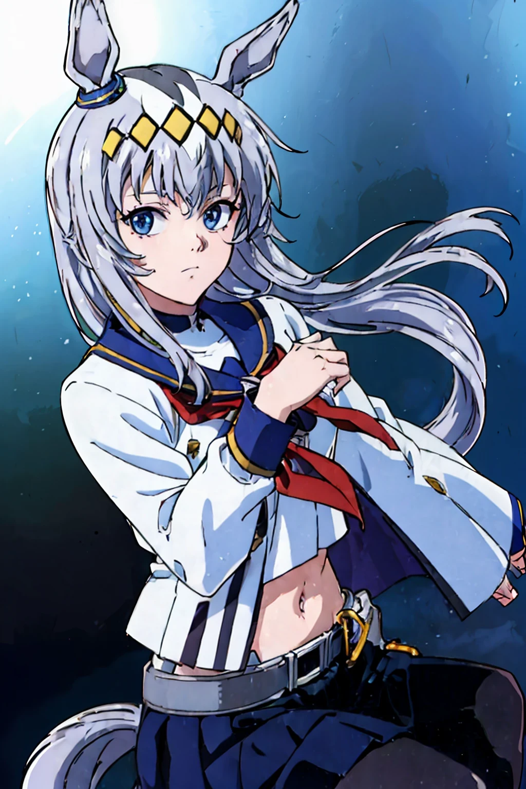 (masterpiece,highest quality,Super detailed,8k,High resolution,an extremely delicate and beautiful,Official Art,Perfect Anatomy:1.5),((1990s \(style\),90s Anime,90s Anime style,retro artstyle,Cel-shaded anime,anime screencap,anime coloring:1.25)),(solo :1.5), (yuuki nobuteru:1.7), (scale to fit the dimensions:1.2), (( \( Uma Musume\):1.52)), blue skirt, Long Sleeve, belt, pleated skirt, black pantyhose, red neckerchief, midriff, belly button, white shirt, jacket, blue sailor collar ,