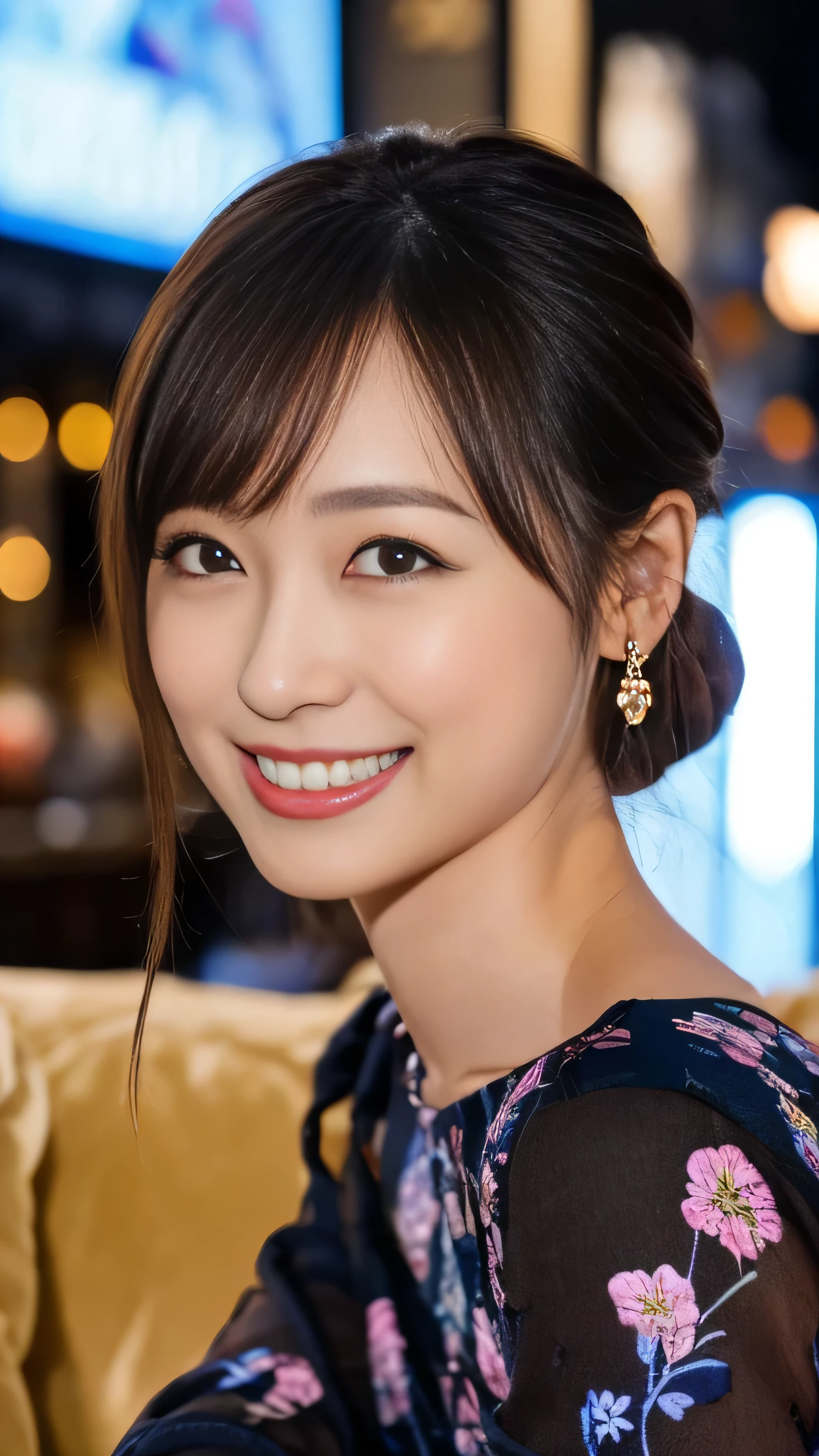 master piece, best quality, ultra detailed, super high res, 16k, (photo realistic:1.4), RAW photos, detailed and beautiful face, (high resolution detail of human skin texture),
((((macro:1.4)))), soft light, 1 Japanese Girl, solo, cute, (seductive smile:1.5), (lens flare:1.3),
BREAK,
(((A cabaret club, or "kyabakura" in Japan, is a type of nightlife venue where female hostesses entertain male customers by serving drinks and engaging in conversation and providing company. These clubs have a more formal and luxurious atmosphere compared to regular bars. Customers pay for drinks and time spent with hostesses and these clubs are commonly found in entertainment districts of Japanese cities.))), ((sitting on a sofa in a luxurious atmosphere serving customers.)), night,
BREAK,
((dress girlish a-line long dress:1.2)), ((dress long sleeve dress:1.2)), ((dress chic and dark color small floral pattern lapislazuli dress:1.3)), (high heels),
BREAK,
heavy makeup
