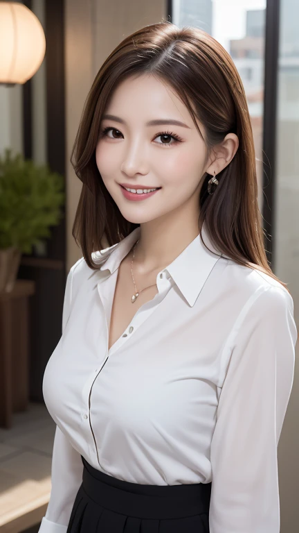 (8k, RAW photo, best quality, masterpiece, extremely detailed:1.2),(realistic, photo-realistic:1.4), sharp focus, detailed 8k background, soft light, cute, Japanese idol, (detailed skin: 1.2), 20 years old, extremely detailed face, pale skin, brown eyes, smiling, simple piercing, looking at viewer, office, medium size breasts, ((shirt formal)), business suits, cleavage