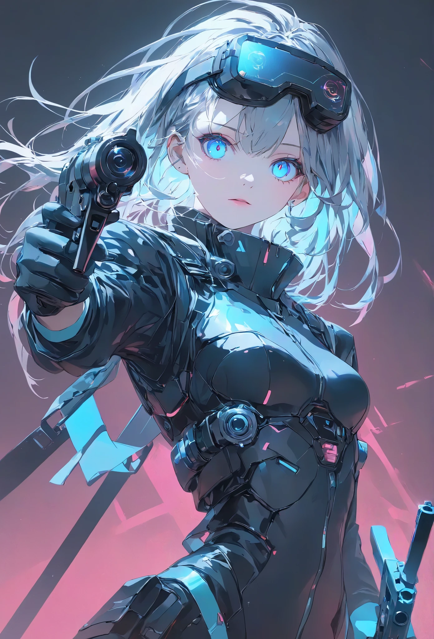 Masterpiece, High Quality, High Definition , High Resolution, High Sensitivity, Depth, 16k, Makoto Shinkai Illustration, Ultra Fine, Hyper-reality, Digital Painting, Neon Color, Cyberpunk, Science Fiction, One Girl, Small Breasts, Beautiful Face, Nice Legs, Long Eyelashes, Fair Skin, Blue Eyes slit eyes, glowing blue eyes, short gray hair, mechanic suit, body armor, mechanical hair piece, head mounted display, antique firearm, lever action, gun held in front of her, anatomically accurate handle, muzzle pointing toward her (muzzle: 1.1) Cinematic Angle.