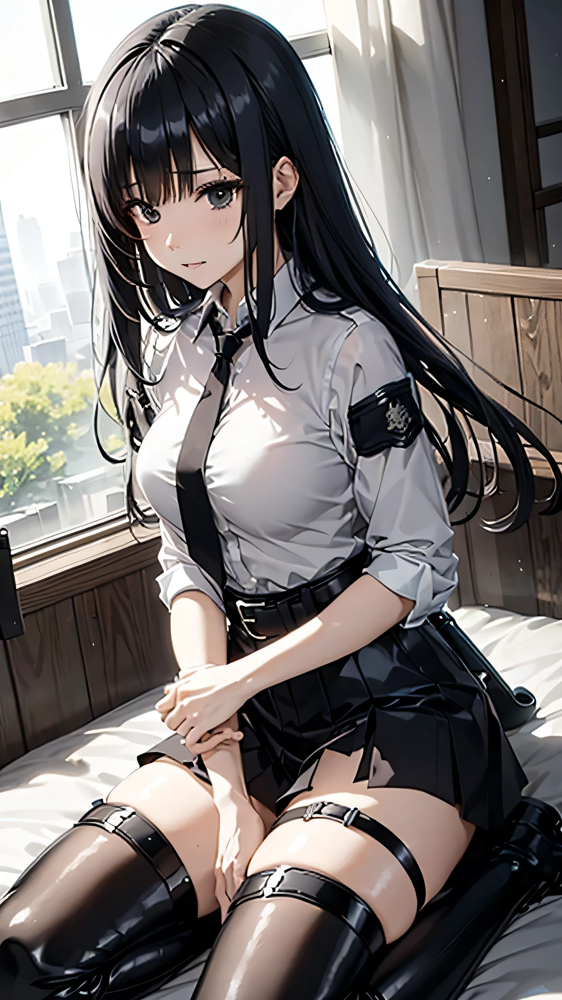 getting caught bythe police japanesewoman suspender leg holster beautifulwoman perspiration boots blouse ruins wh ite c lothes blackmask black skirt gaterbelt backhandcuffed ruins Get down on one knee backview