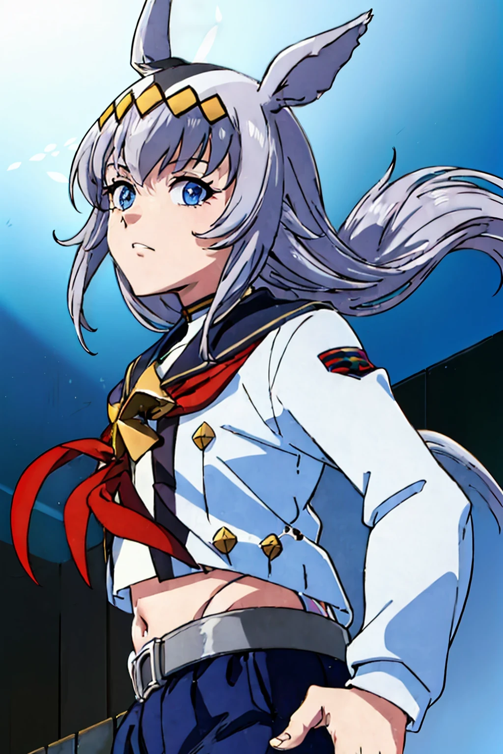 (masterpiece,highest quality,Super detailed,8k,High resolution,an extremely delicate and beautiful,Official Art,Perfect Anatomy:1.5),((1990s \(style\),90s Anime,90s Anime style,retro artstyle,Cel-shaded anime,anime screencap,anime coloring:1.25)),(solo :1.5), (yuuki nobuteru:1.7), (scale to fit the dimensions:1.2),  (( \( Uma Musume\):1.52)), blue skirt, Long Sleeve, belt, pleated skirt, black pantyhose, red neckerchief, midriff, belly button, white shirt, jacket, blue sailor collar ,
