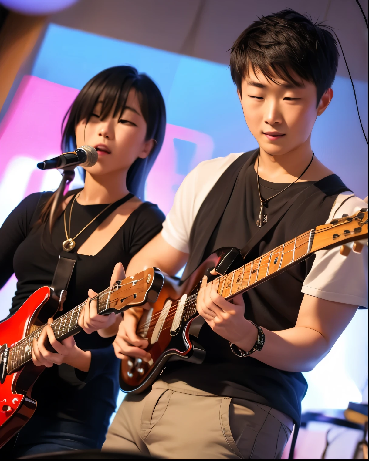 Pictures of 2 people, 1 person playing guitar and 1 person playing saxophone。