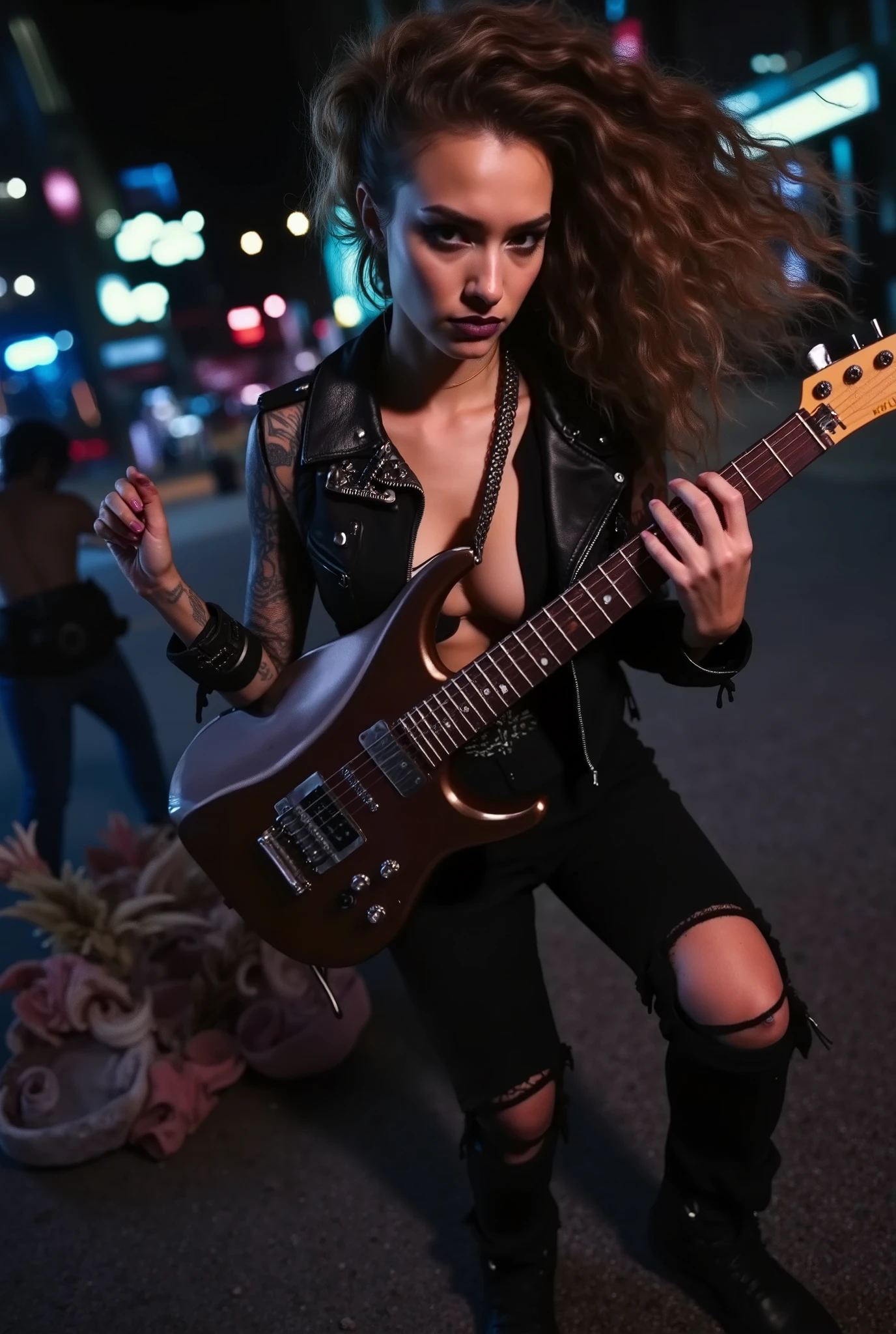 Cute girl, long hair, wearing metalhead clothes , playing guitar