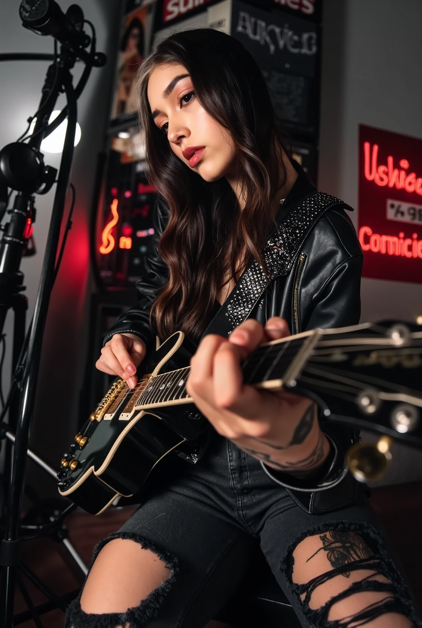 Cute girl, long hair, wearing metalhead clothes , playing guitar