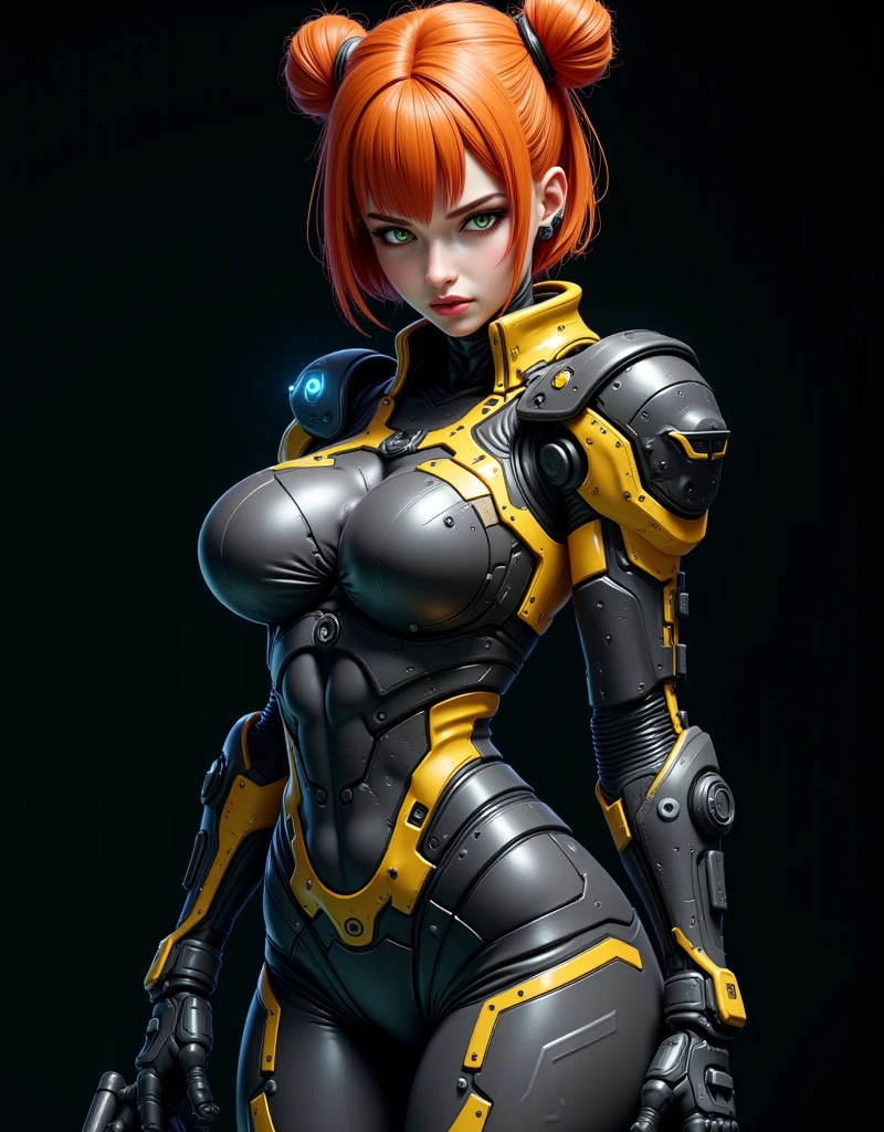 gorgeous female mechanic, atompunk, blank background, retro-futurism, mechanical hand, cybernetic augments, orange jumpsuit, gunmetal grey, cleavage
