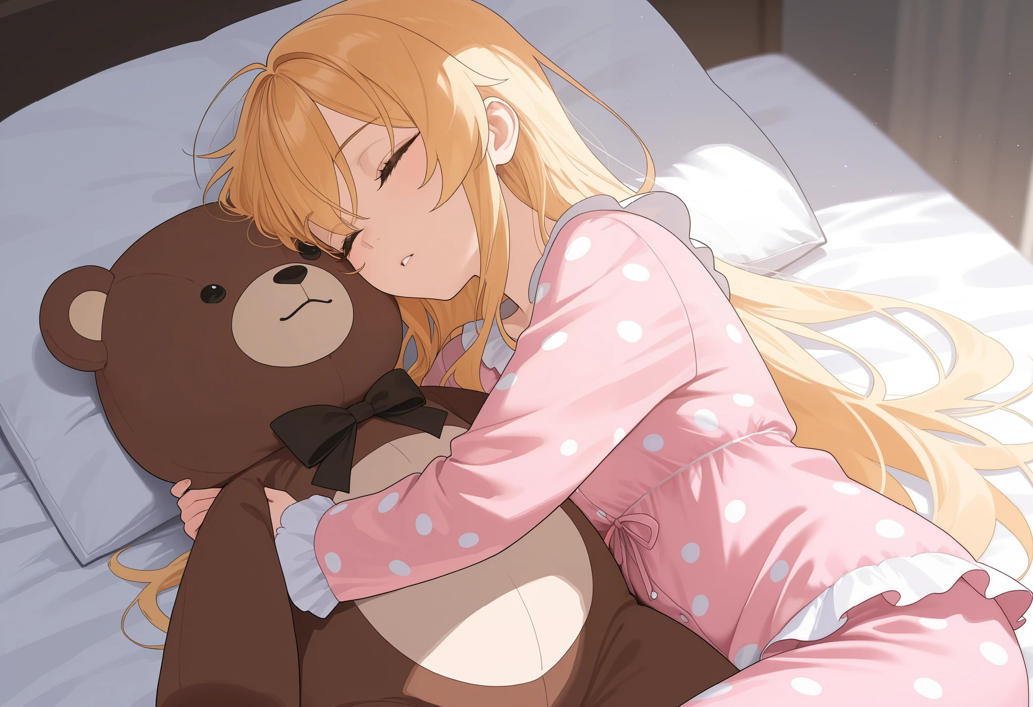 Sleep while holding a big stuffed bear、Girl in Pajamas