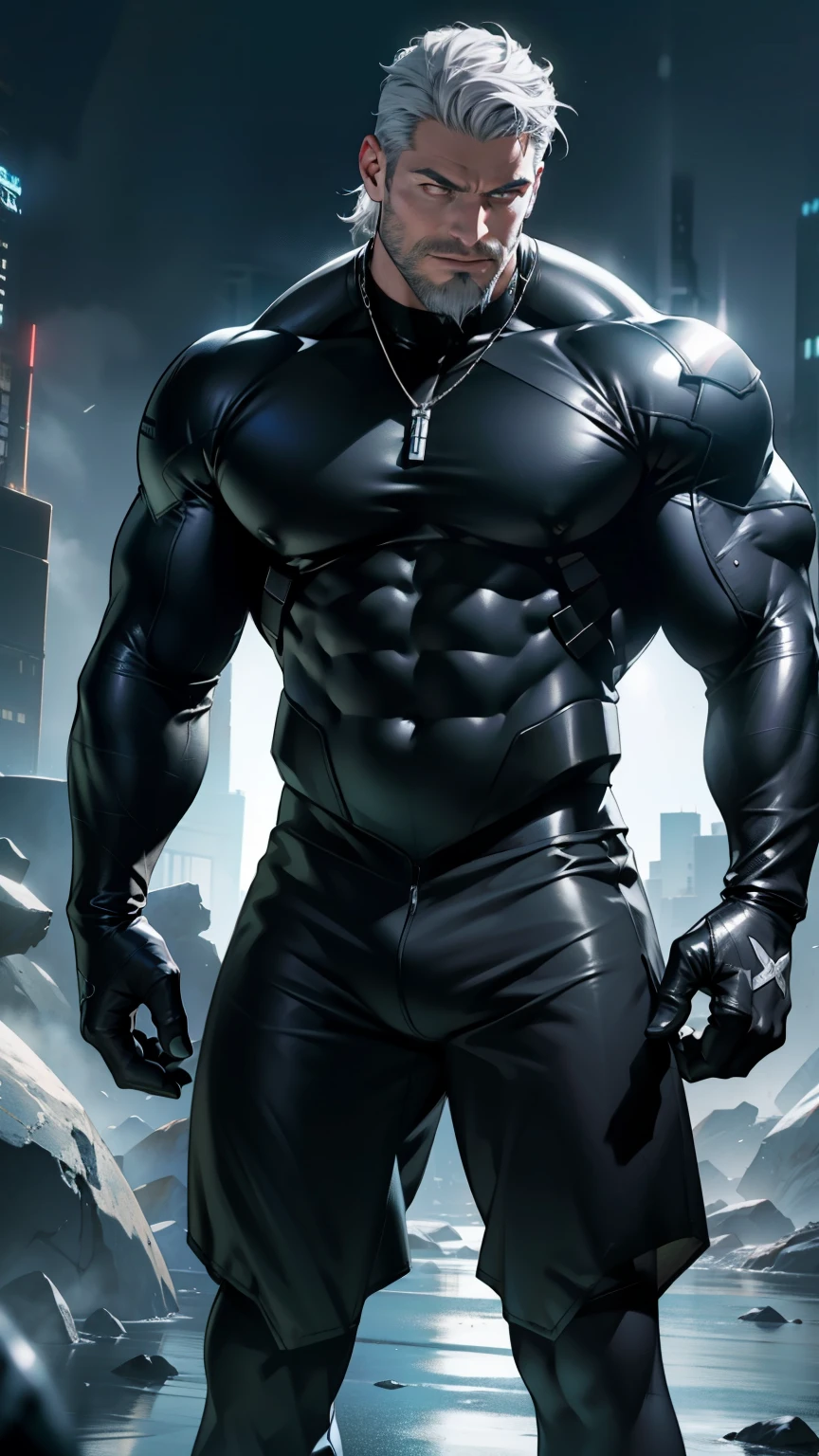 ( full length) A wild muscular man, sexy bad, Satanic, brutal executioner. 2 meters Height , muscular тело , (A 35-year-old and a man :1.3), One, metal tight suit , liquid shiny metal , metal slime , gloves ), gloves, extra large realistic bulge , neon stripes, gray hair, shaved whiskey, (Big influence ), muscular, pumped hips , lean body , sexy, bad , bristle, short beard, ( detailed face :1.3), ( glowing white eyes :1.2) , ambient light , ( high quality , high resolution , photorealistic ), cinematic lighting , masterpiece, RAW Photo, complicated details , HDR, depth of field , with space , wonderful night spot , energy threads around the body