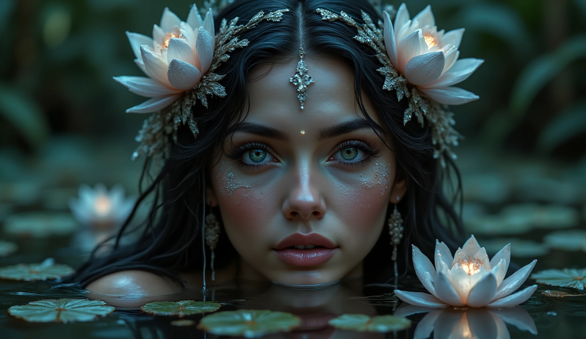 Très joli visage d'une femme blanc comme la porcelaine prise dans un vitrail, 4k, beaucoup, yeux bleu comme saphire bleu, cheveux dorée comme de l'or pur et décorée avec des fleure bleu, jaune et rose, jambe dans l'eau avec des nénufar et des petits bougie avec des flemmes jaune dorée à la surface de l'eau qui ilumine la piece, un bracelet en fleure bleu et jaune sur sa main gauche, vetement de style indienne sexy en or, ambiance chaud et chaleureuse, vue du haut jusqu' en bas de la jambe 