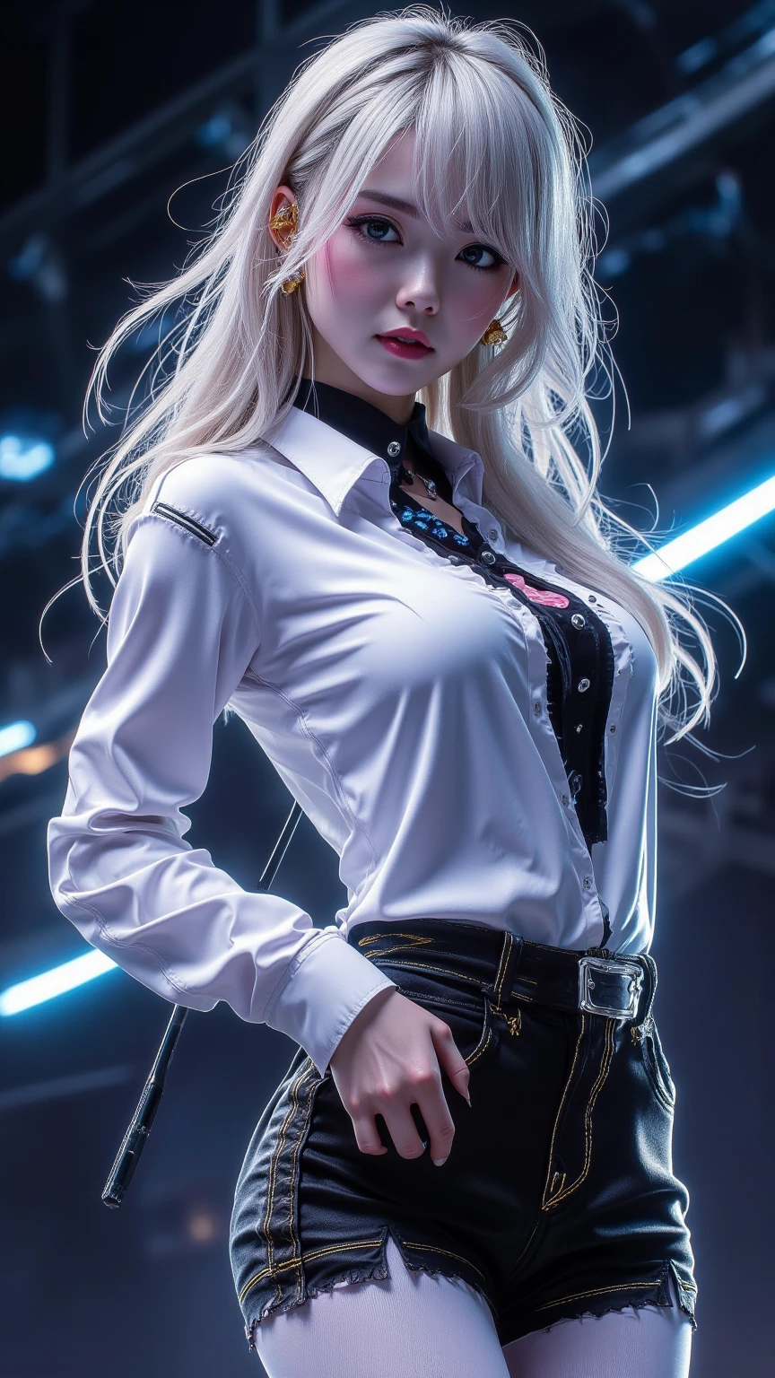 future0001,torn legwear,police,underwear,leather skirt,microskirt,white shirt,police hat,policewoman,grey hair,1girl,独奏,, ((knee shot)), ((Standing, Elegant posture, Attractive posture)), Platinum Blonde Fine Hair、Extra long silky straight hair、Big eyes with bangs and eyeliner、Visible cleavage、Nordic Youth、Perfect body、Very beautiful and cute、White Skin、Smooth and radiant skin、Young and beautiful skin、Perfect beautiful little face、Shiny Makeup、Thin pink lip gloss expression、girl、Lipstick、Deceptive advertising、{Steaming hot}、Audience perspective、Primetime lights、Bokeh atmosphere perspective、Detailed movie lighting、Intricate details、high resolution、 Details of facial design、High Detail、Be focused、Smoothness、aesthetics、Print、Octane Renderer、{{masterpiece}}