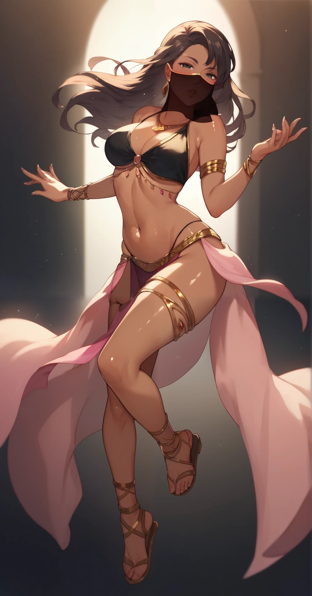 (masterpiece, best quality, high resolution, ((full body, standing,))((huge breasts)) 1 woman, (pink hair tied in a very disheveled ponytail, 1 fantasy Arabic dancer, golden jewelry, hoop earrings and necklace, gold bracelets, ((dark skin)) smile, full body