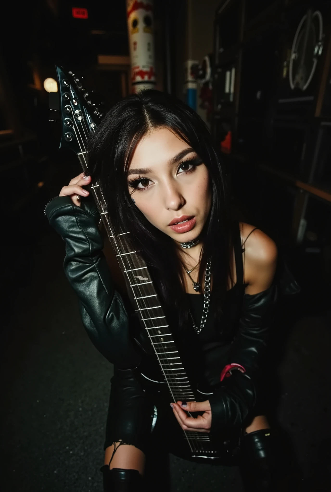 A hot girl, long hair, wearing metalhead clothes , playing guitar. Dark theme.