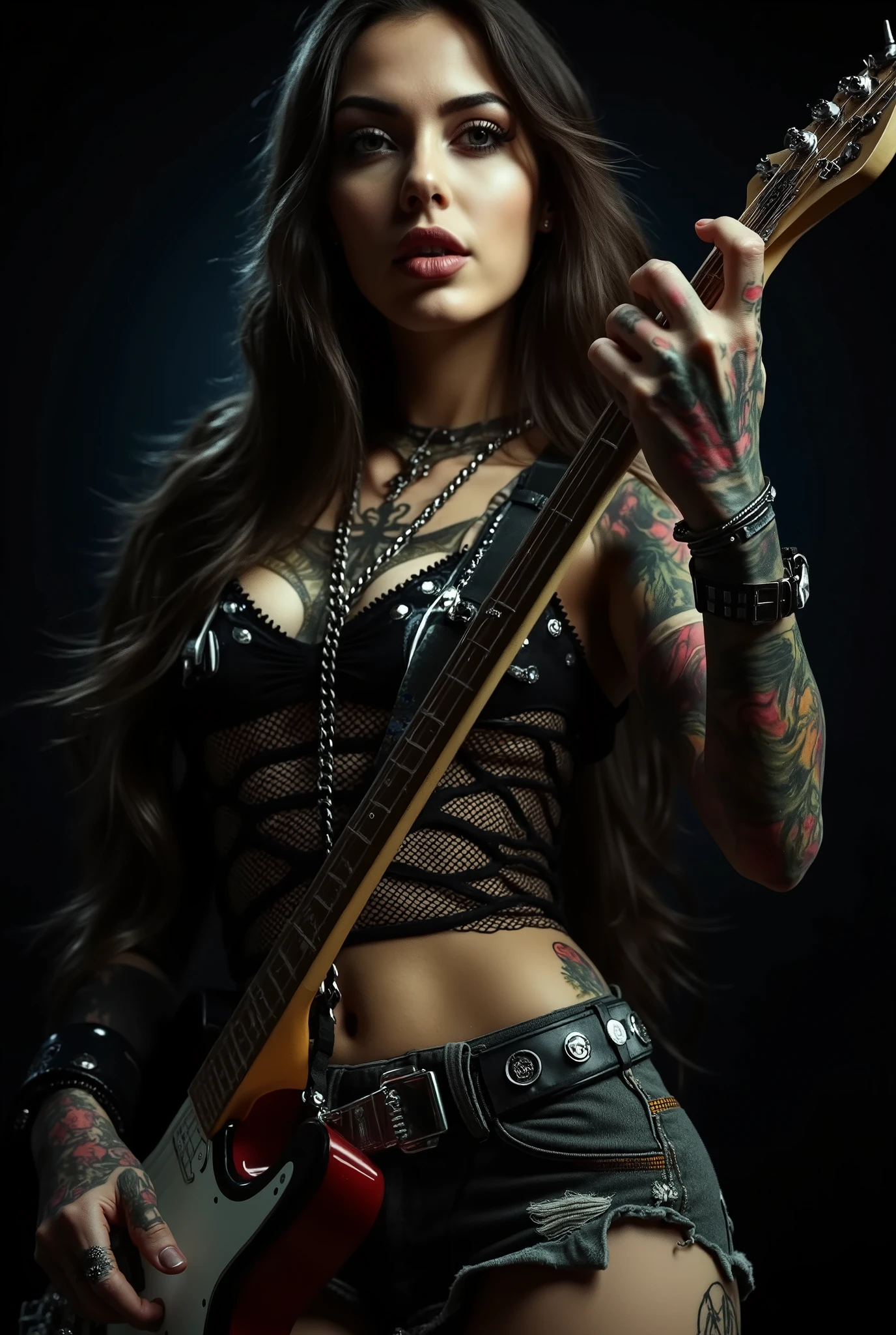 A hot girl, long hair, wearing metalhead clothes , playing guitar. Dark theme. 