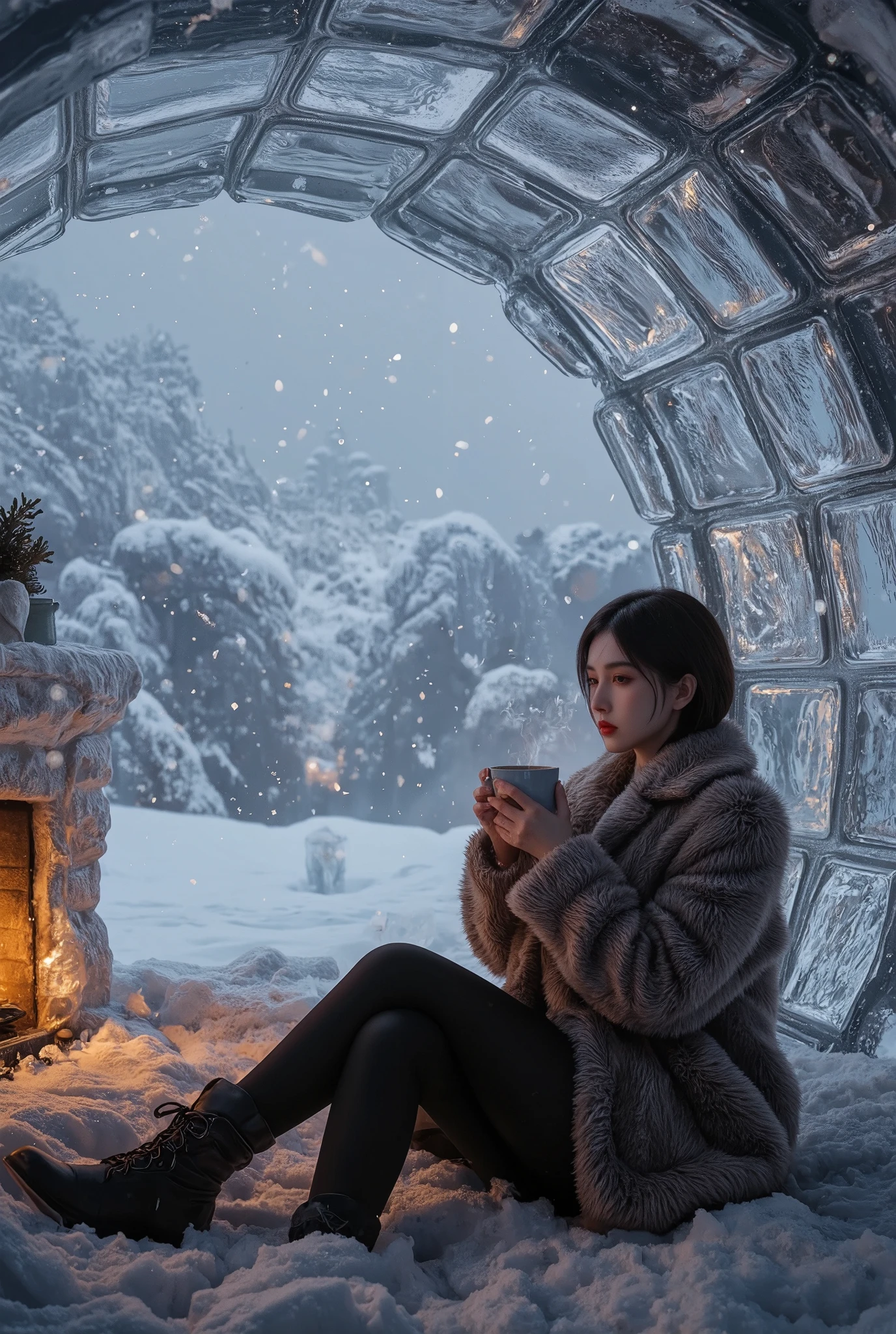 transparent huge ice dome made of ice blocks, Inside the ice dome, there is fireplace and beautiful woman with short hair wearing fake fur coat is warming herself with cup of coffee.
BREAK Outside, snowflakes are falling. A fantasy world view. A beautiful and fantastical depiction.
BREAK various effects, professional and perfect composition, extremely delicate depiction, extremely clear image, artistic photography, hyper realistic, ultra detailed, absolutely resolution, masterpiece