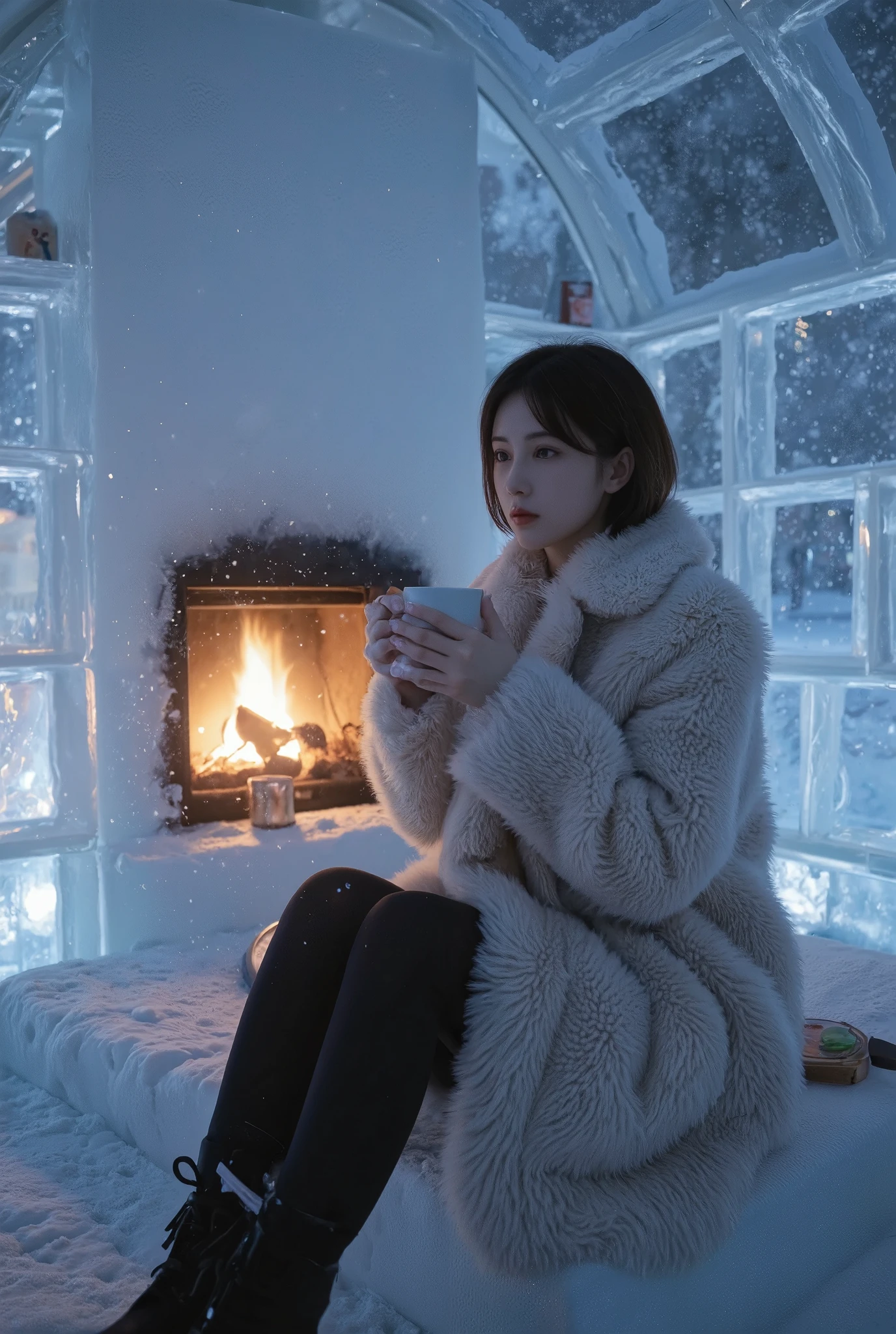 transparent huge ice dome made of ice blocks, Inside the ice dome, there is fireplace and beautiful woman with short hair wearing fake fur coat is warming herself with cup of coffee. BREAK Night view. Outside, snowflakes are falling. A fantasy world view. A beautiful and fantastical depiction. BREAK various effects, professional and perfect composition, extremely delicate depiction, extremely clear image, artistic photography, hyper realistic, ultra detailed, absolutely resolution, masterpiece