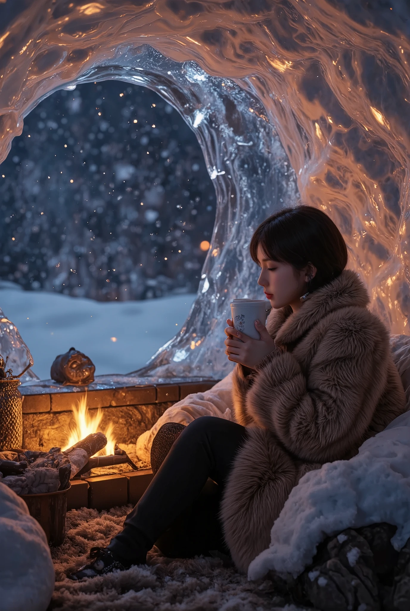 transparent huge ice dome made of ice blocks, Inside the ice dome, there is fireplace and beautiful woman with short hair wearing fake fur coat is warming herself with cup of coffee. BREAK Night view. Outside, snowflakes are falling. A fantasy world view. A beautiful and fantastical depiction. BREAK various effects, professional and perfect composition, extremely delicate depiction, extremely clear image, artistic photography, hyper realistic, ultra detailed, absolutely resolution, masterpiece